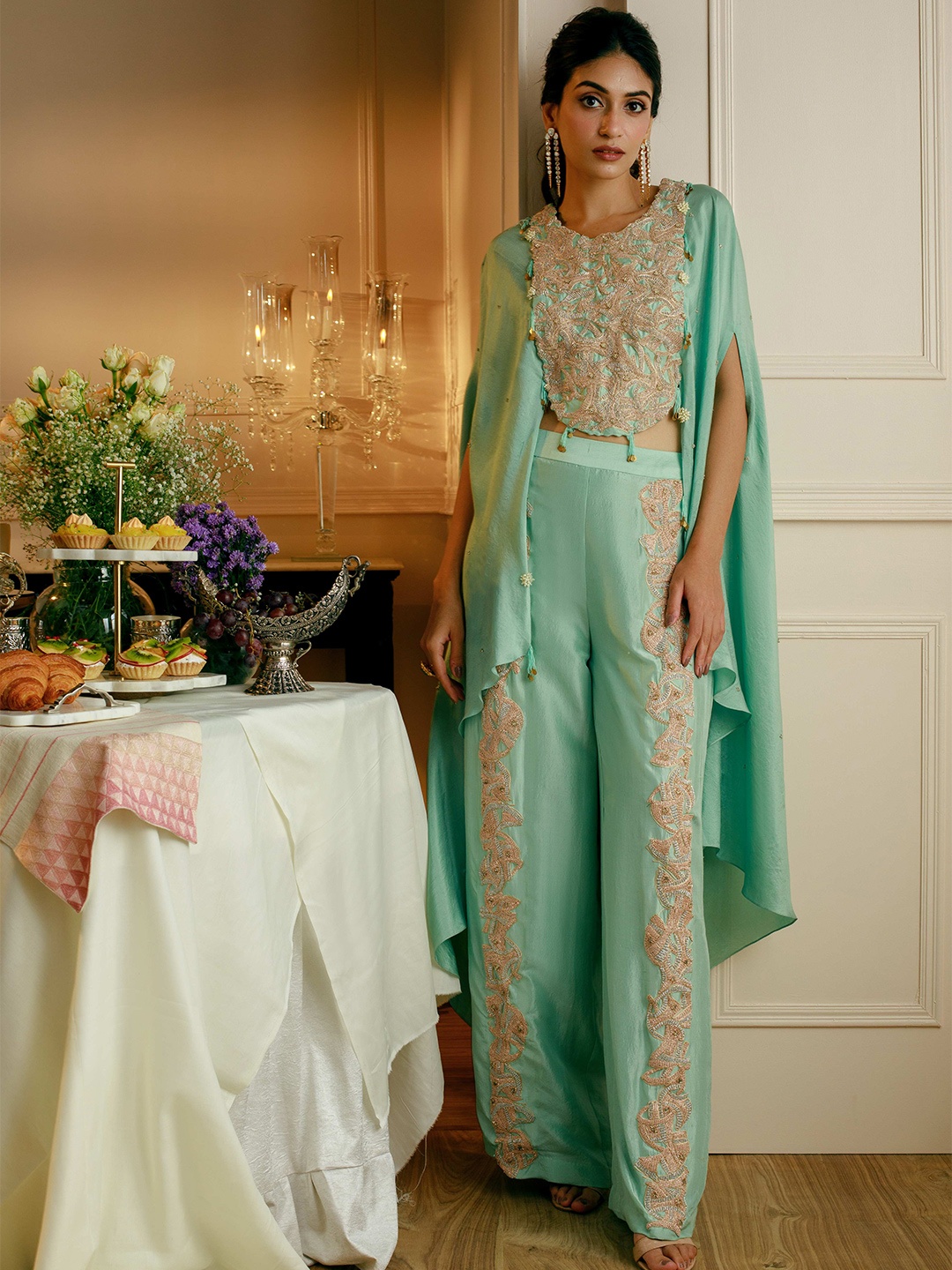 

NEHHA NHATA Embellished Pure Silk Ethnic Top With Palazzos, Sea green