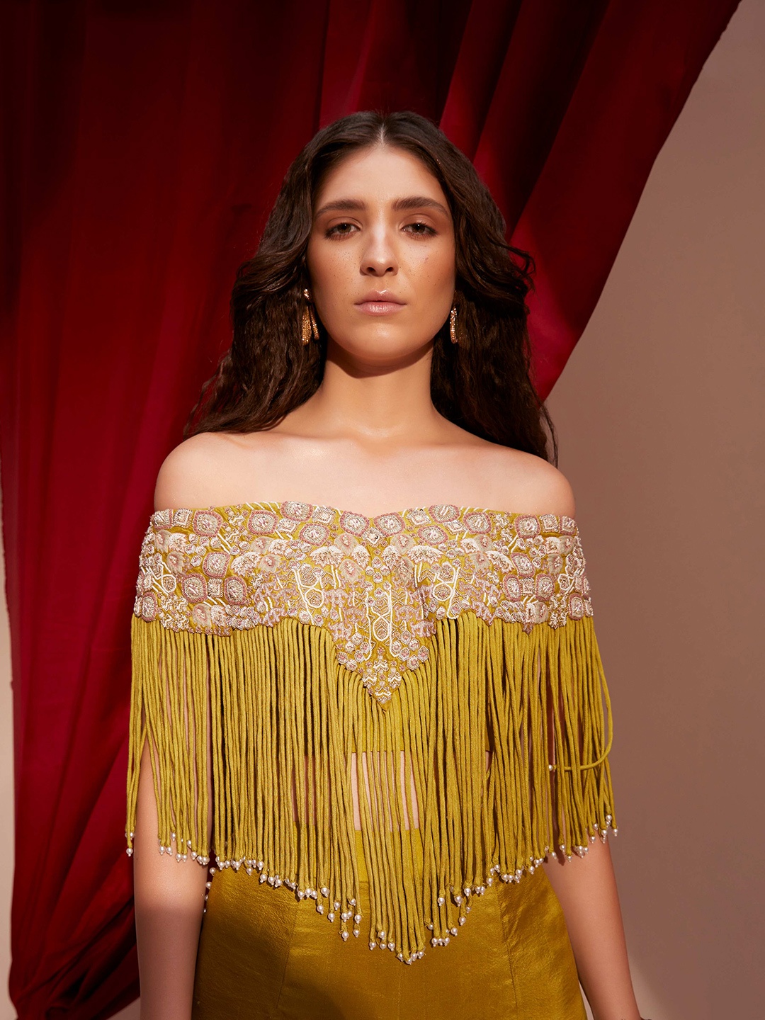 

NEHHA NHATA Off-Shoulder Pure Silk Fringed Top & Palazzo, Olive