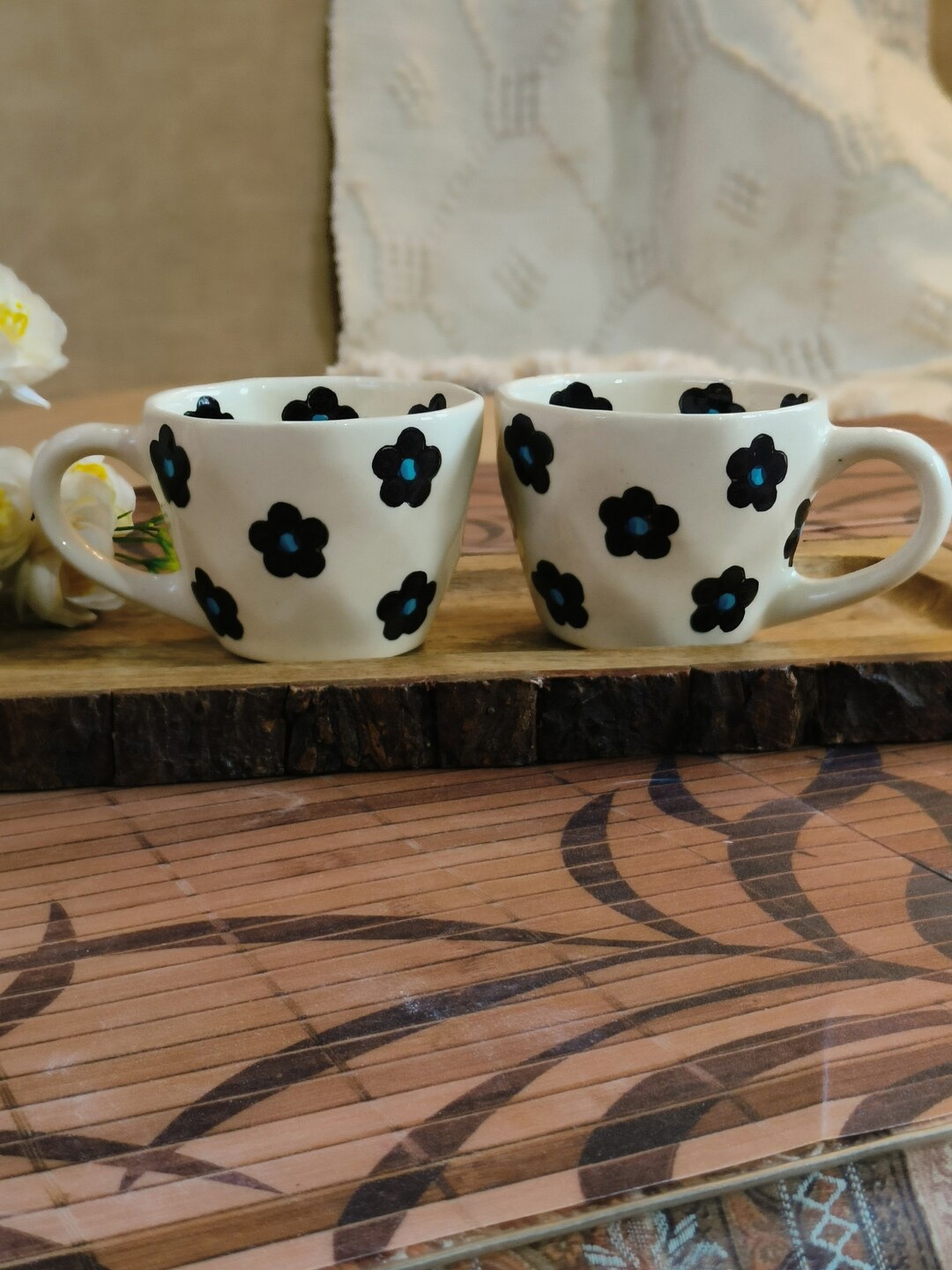 

NIYARA White Black 2 Pieces Floral Printed Dishwasher Safe Ceramic Glossy Cups 320ml