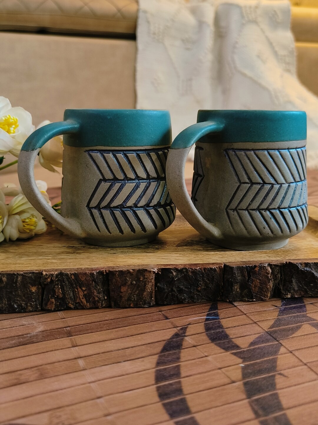 

NIYARA Green Blue 2 Pieces Textured Microwave-safe Ceramic Cups 400 ml