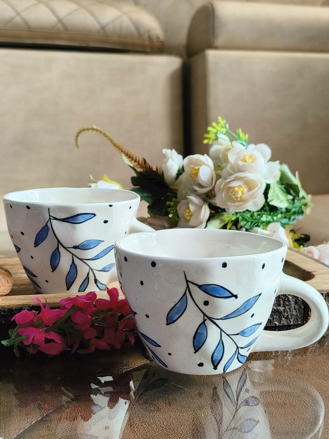 

NIYARA White Blue 2 Pieces Printed Ceramic Glossy Cups 320ml