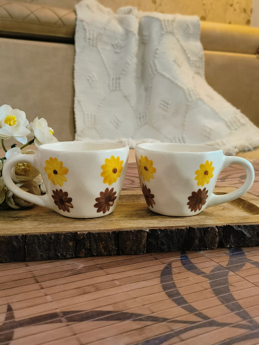 

NIYARA White Yellow Floral Printed Ceramic Glossy Cups 320ml