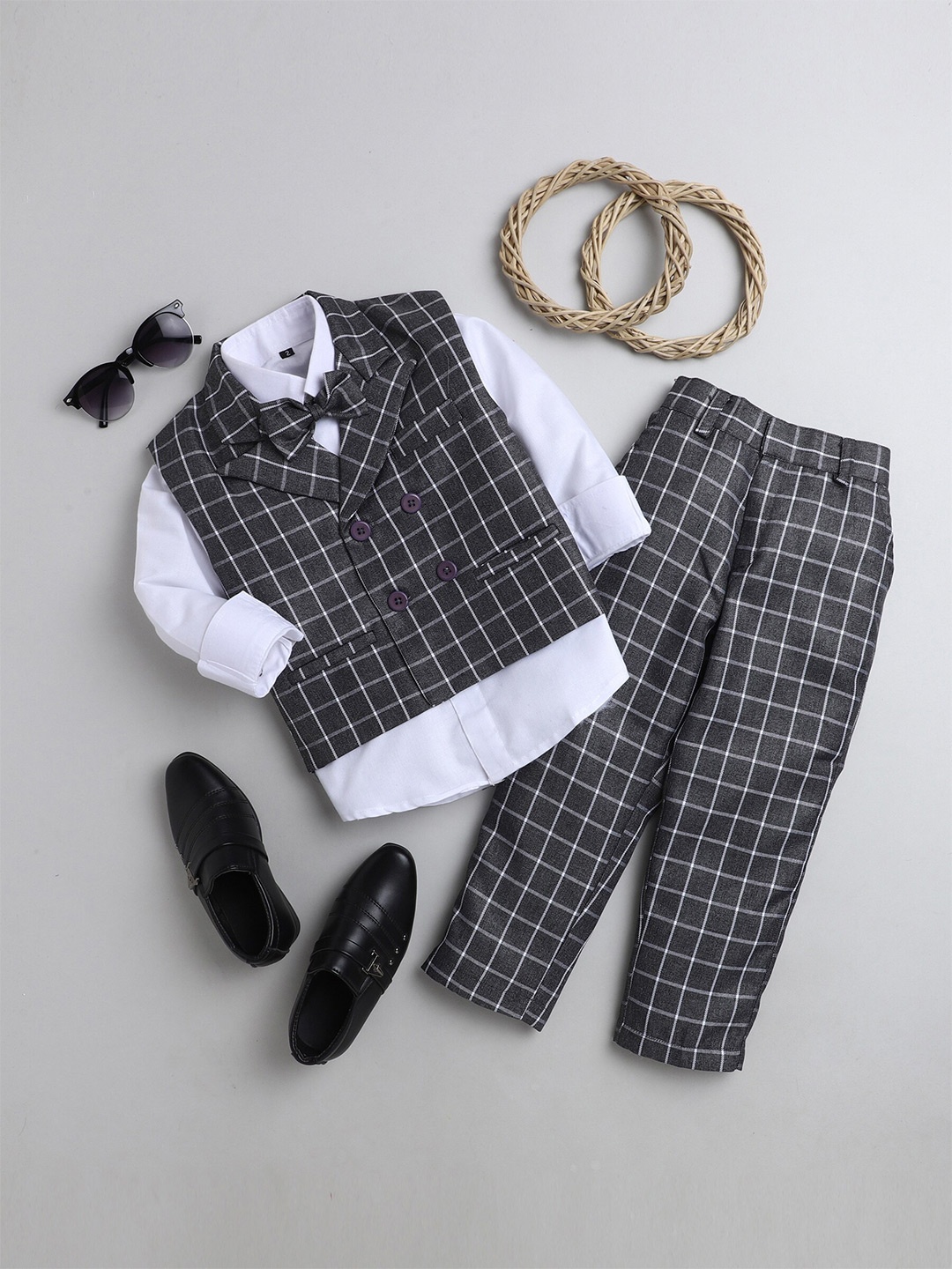 

BAESD Boys Checked Single-Breasted 4 Piece Suit, Grey