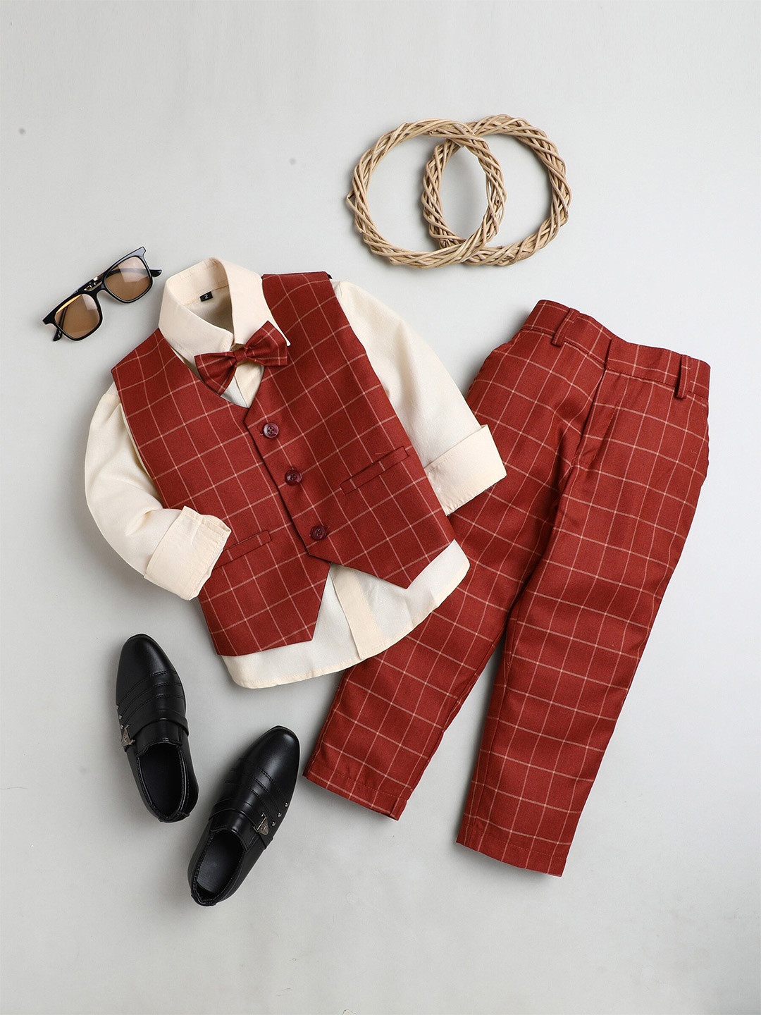 

BAESD Boys Checked Single-Breasted 4 Piece Suit, Brown