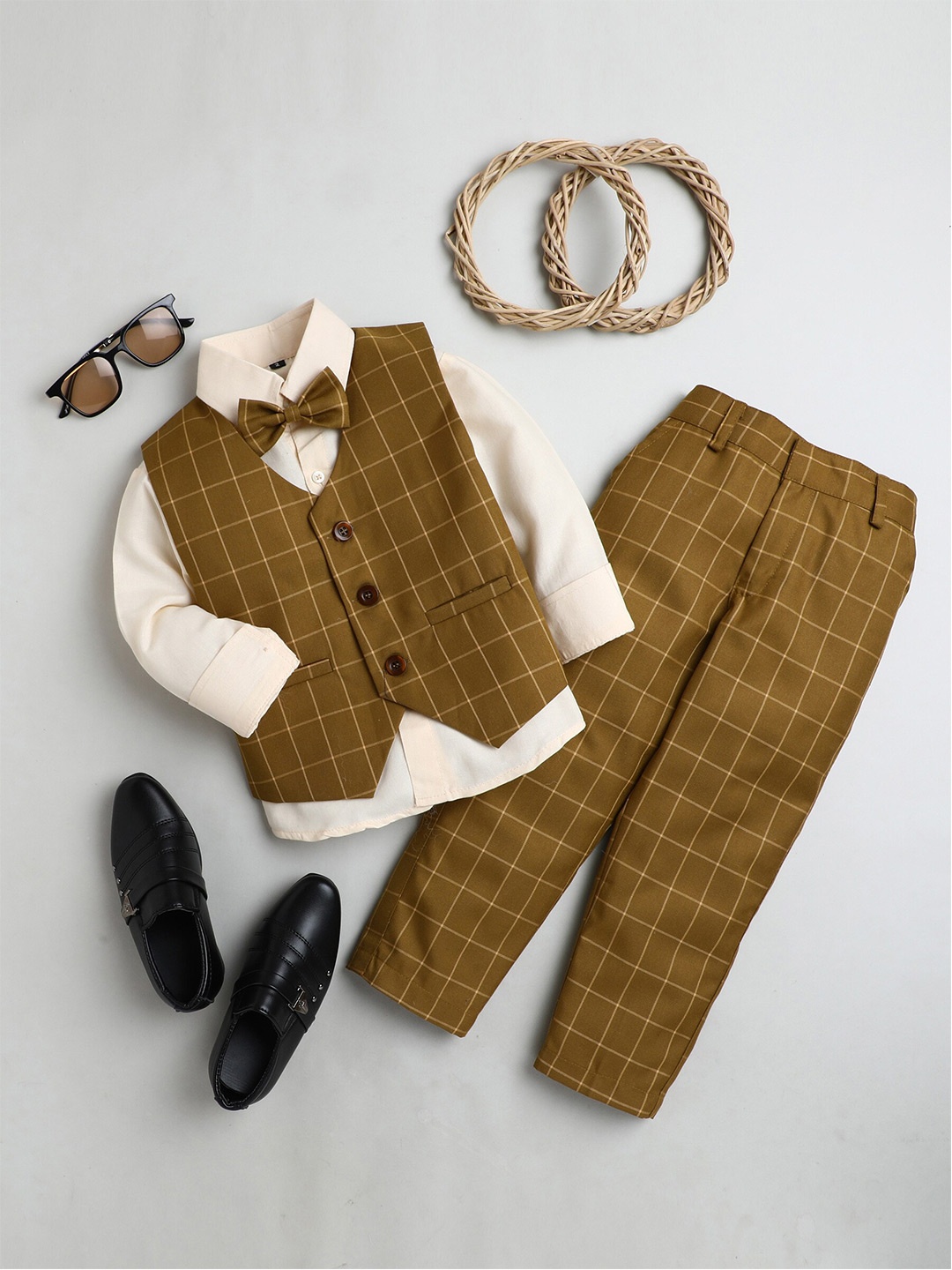 

BAESD Boys Checked Single-Breasted 4 Piece Suit, Khaki