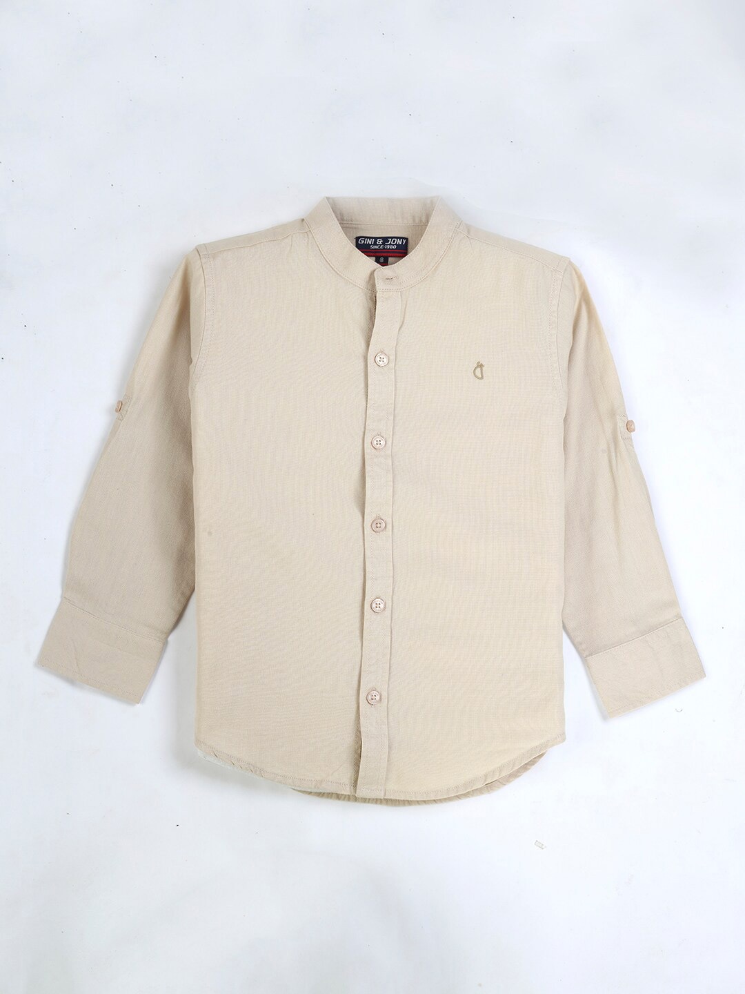 

Gini and Jony Boys Band Collar Roll-Up Sleeves Cotton Casual Shirt, Cream