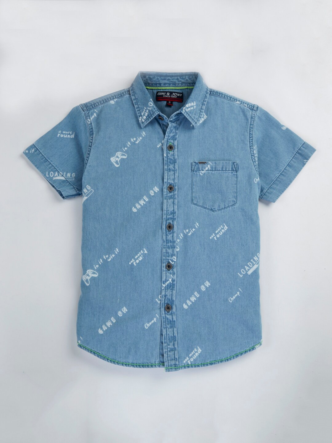 

Gini and Jony Boys Typography Printed Casual Denim Shirt, Blue