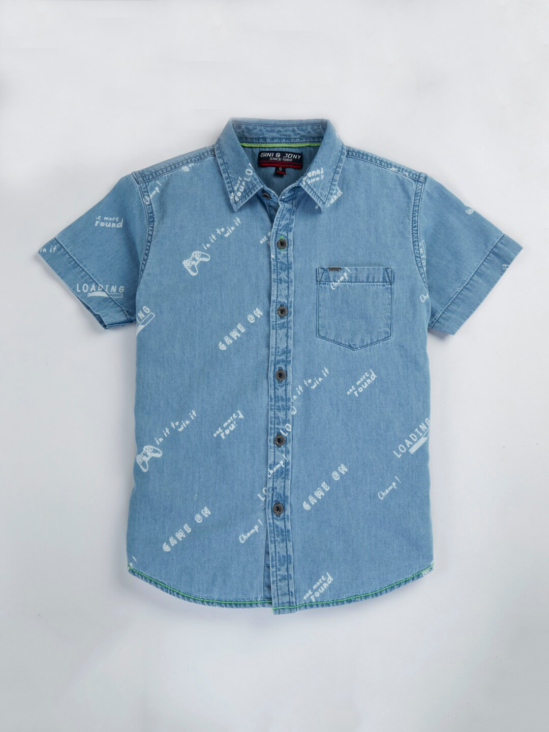 

Gini and Jony Boys Typography Printed Denim Casual Shirt, Navy blue