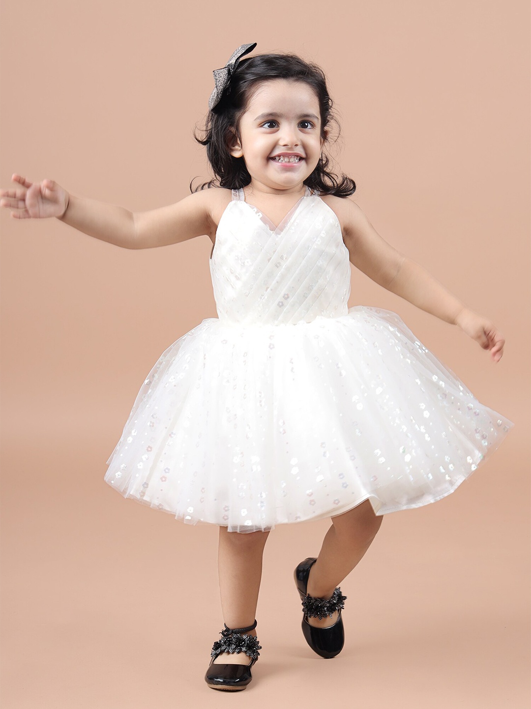 

BAESD Girls Embellished V-Neck Net & Cotton Fit & Flare Dress, Cream