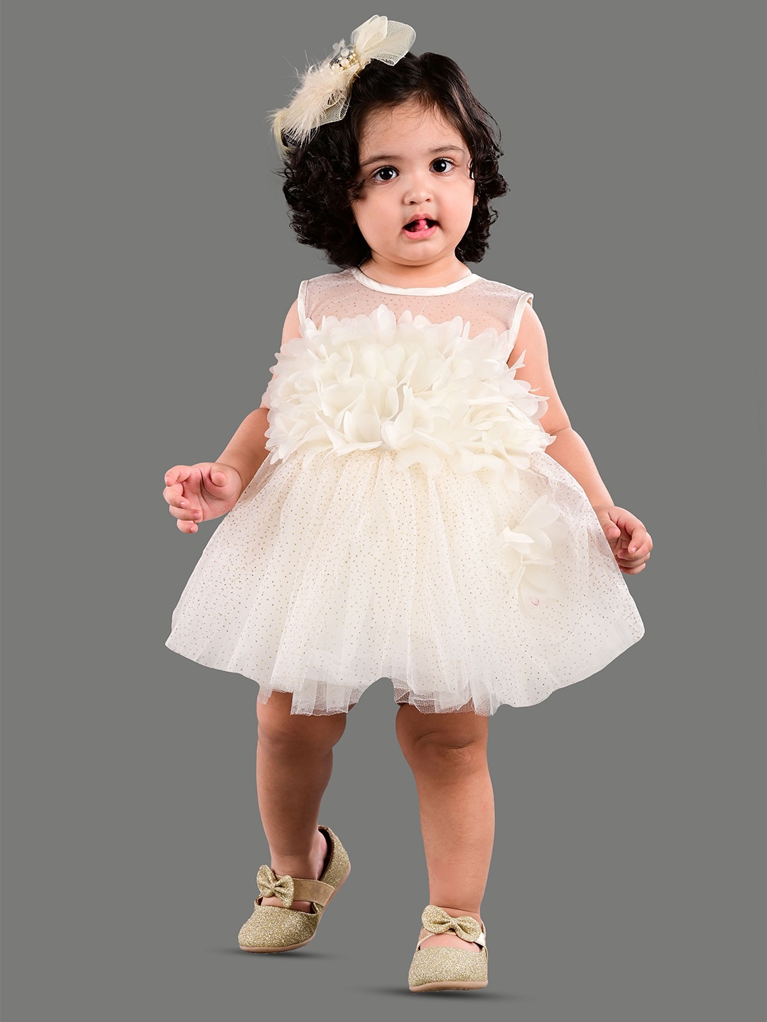 

BAESD Girls Floral Self Design Net Fit & Flare Party Dress, Cream