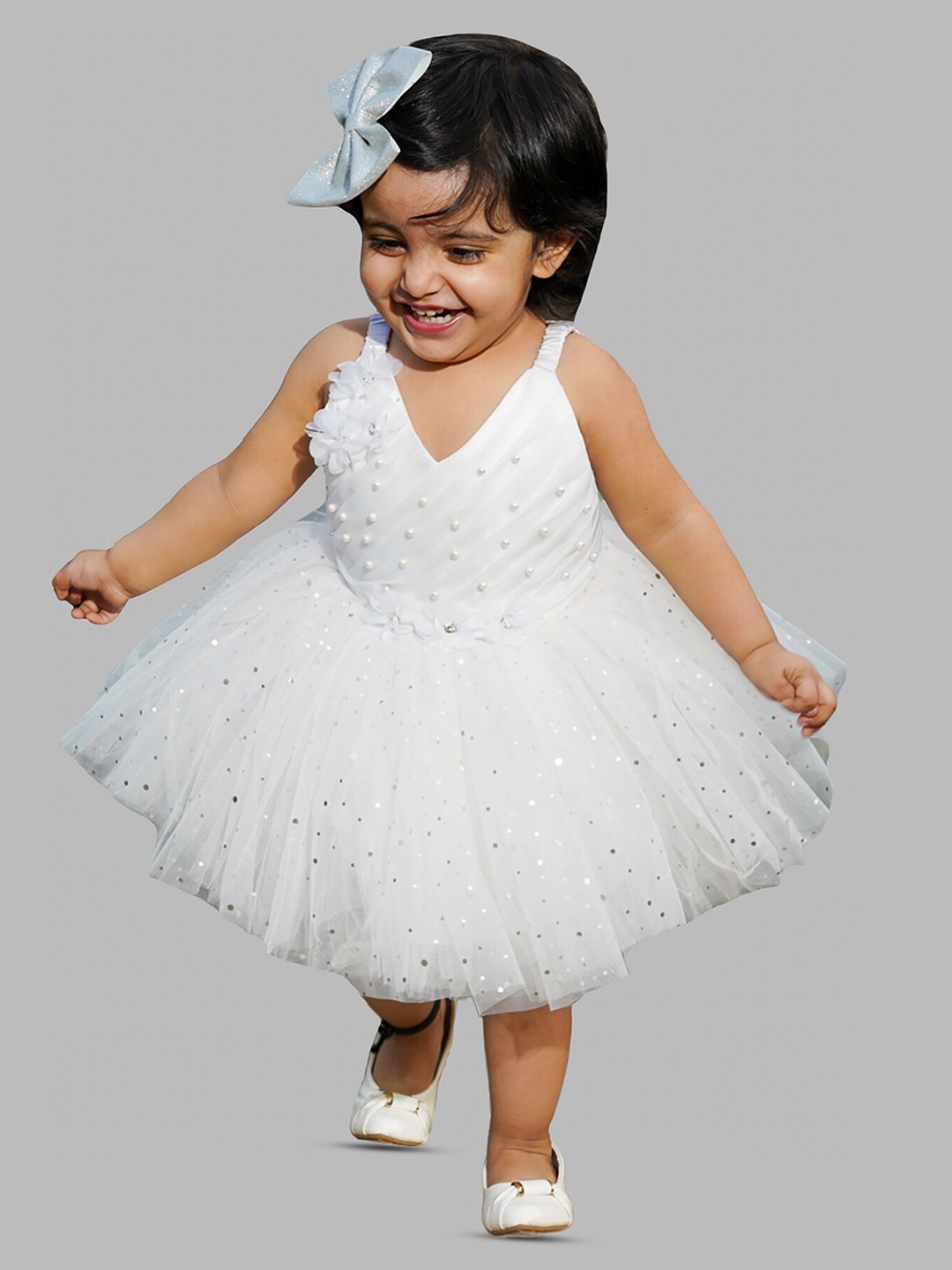 

BAESD Girls Embellished Shoulder Straps Net & Cotton Fit & Flare Dress, Off white