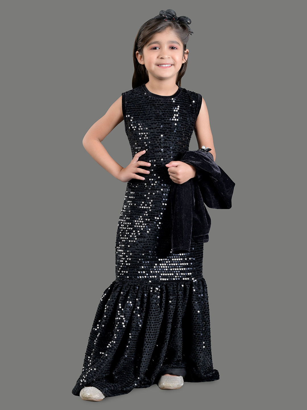 

BAESD Girls Embellished Sequined Velvet Maxi Dress, Black