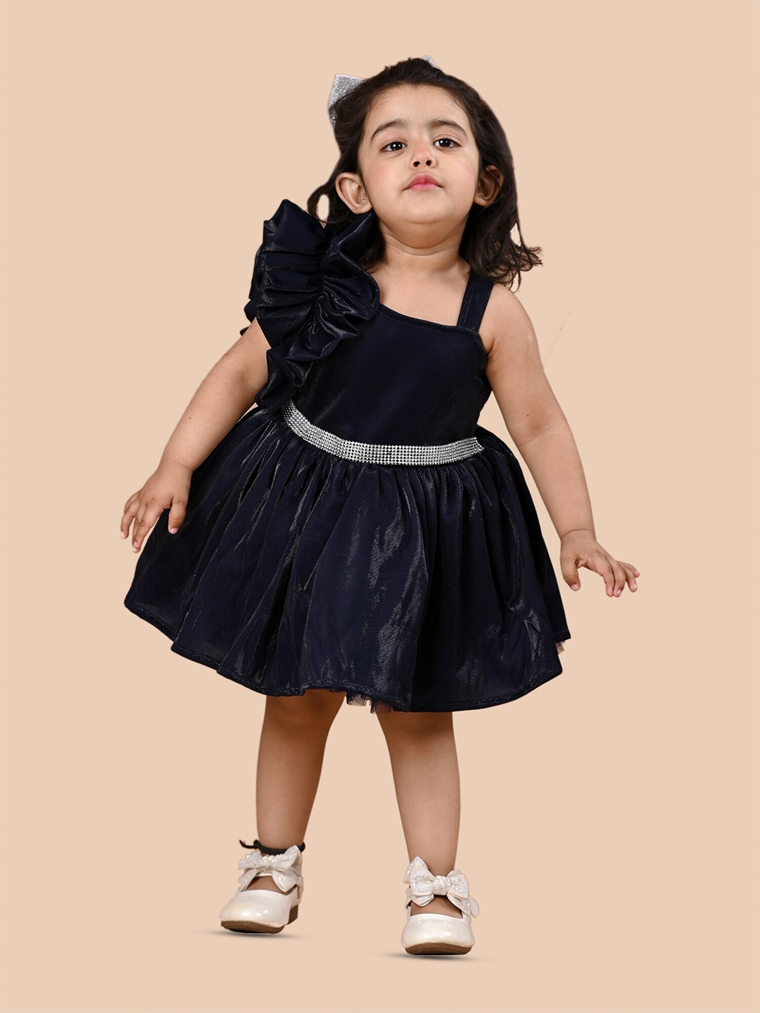 

BAESD Girls One Shoulder Satin Fit & Flare Dress, Navy blue