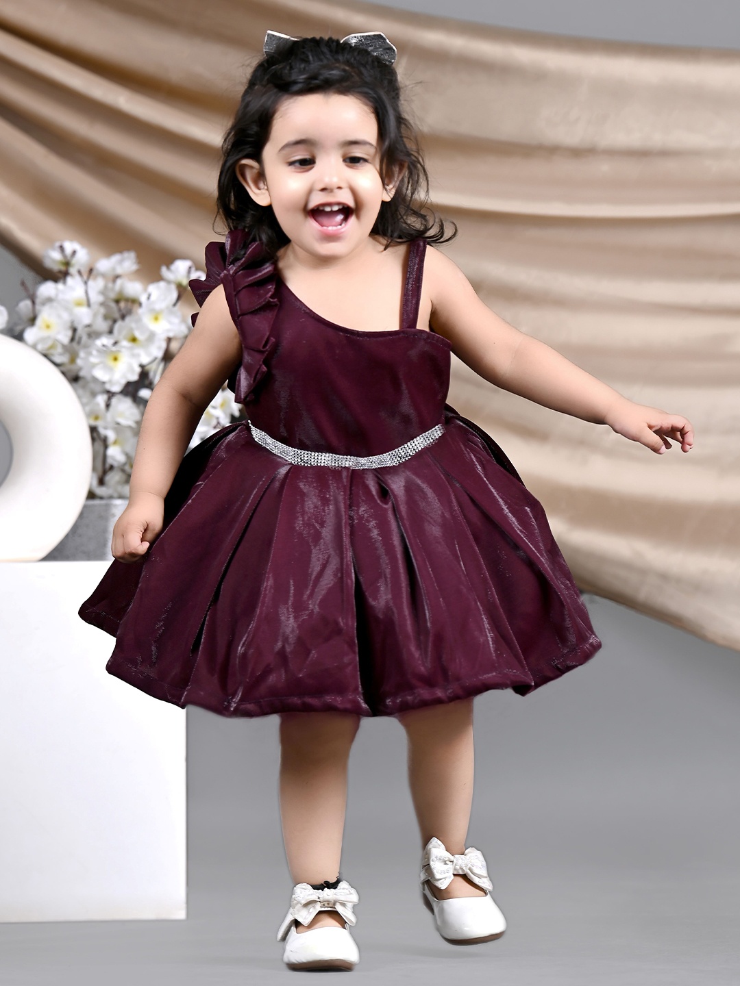 

BAESD Girls One Shoulder Satin & Cotton Fit & Flare Dress, Burgundy