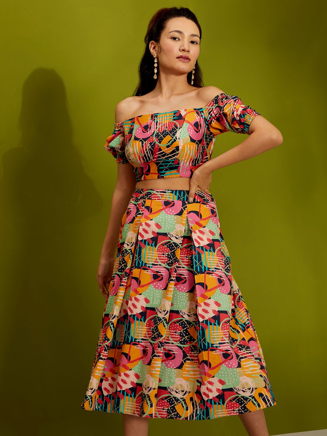 

NEHHA NHATA Printed Off-Shoulder Crop Top With Skirt, Black