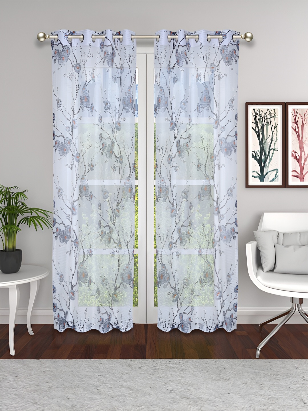 

THE CONVERSION Grey & Black 2 Pieces Floral Sheer Long Door Curtains