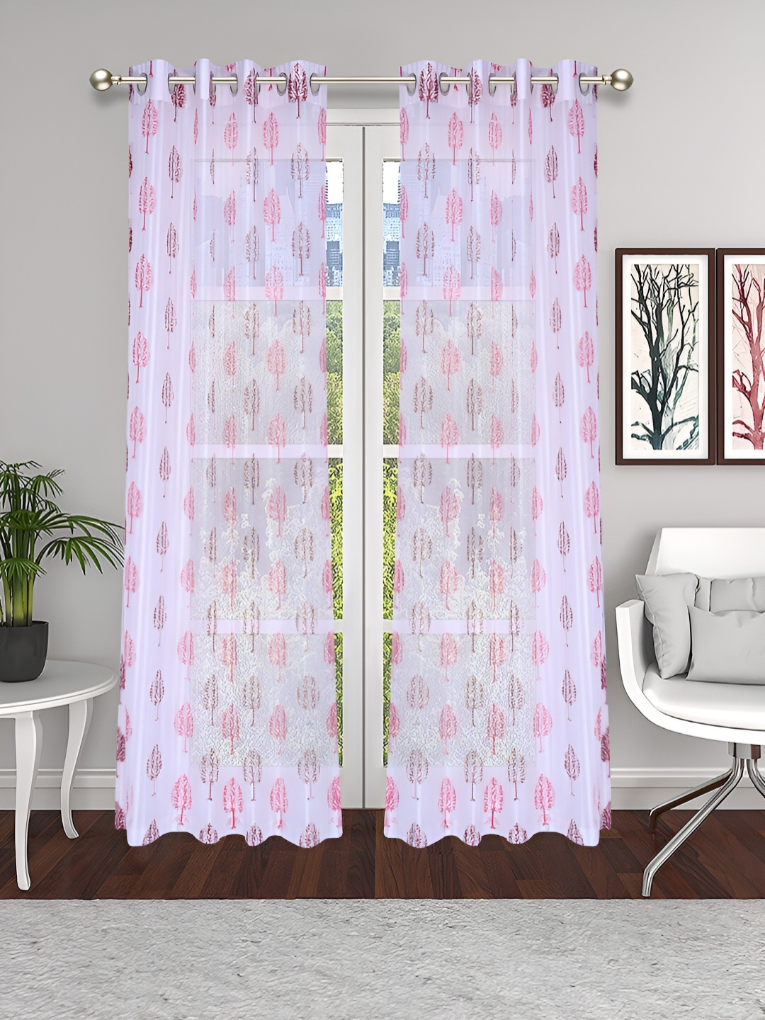 

THE CONVERSION 2 Pcs White & Pink Tissue Sheer Long Door Curtain