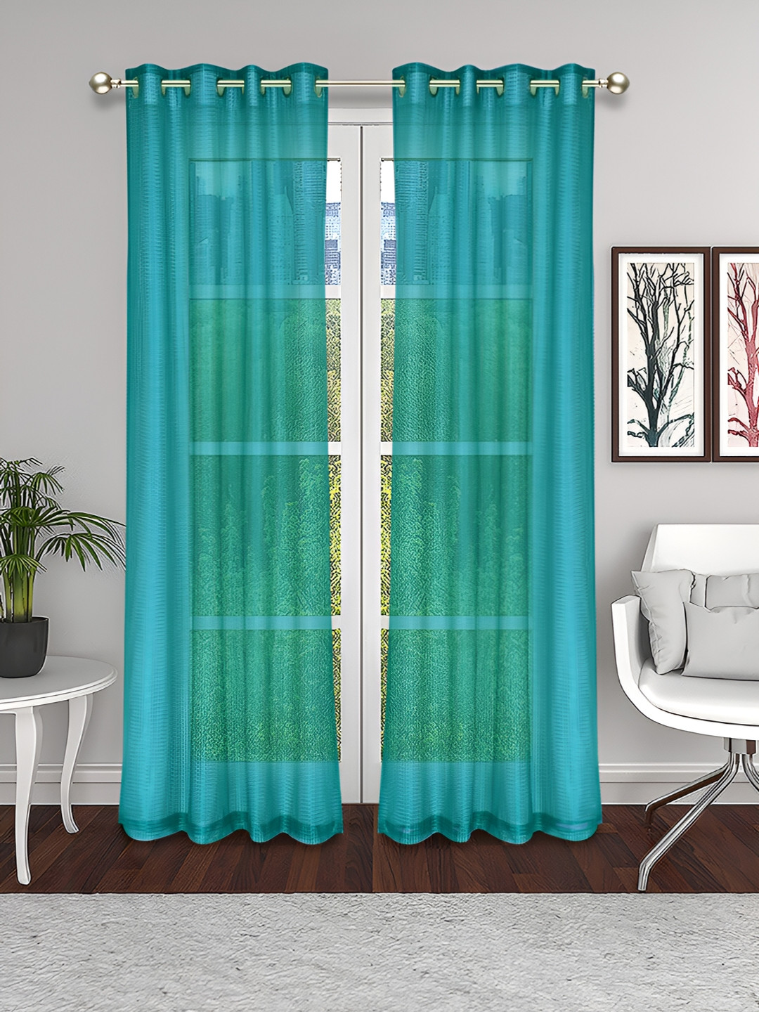 

THE CONVERSION Turquoise Blue 2 Pieces Tissue Fabric Sheer Long Door Curtains