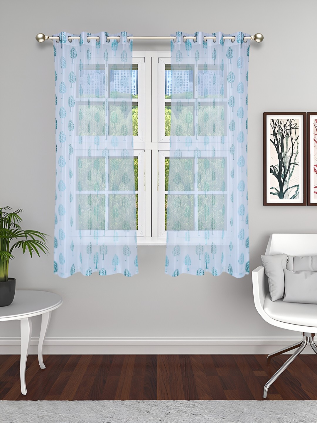 

THE CONVERSION Turquoise Blue 2 Pieces Printed Sheer Window Curtains