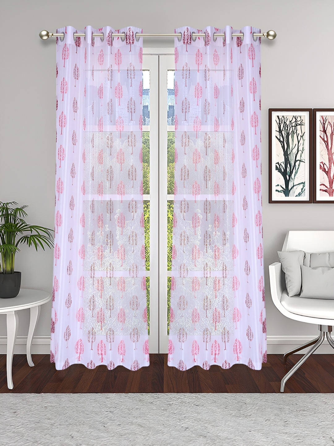 

THE CONVERSION Pink & Maroon 2 Pieces Tissue fabric Sheer Long Door Curtains