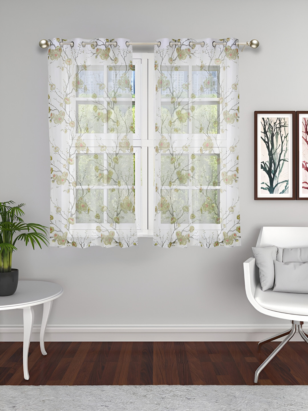 

THE CONVERSION Green 2 Pieces Floral Printed Tissue Fabric Sheer Window Curtain, Off white