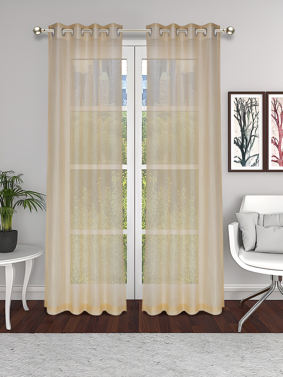 

THE CONVERSION Beige & Gold Toned 2 Pieces Tissue Fabric Sheer Long Door Curtains