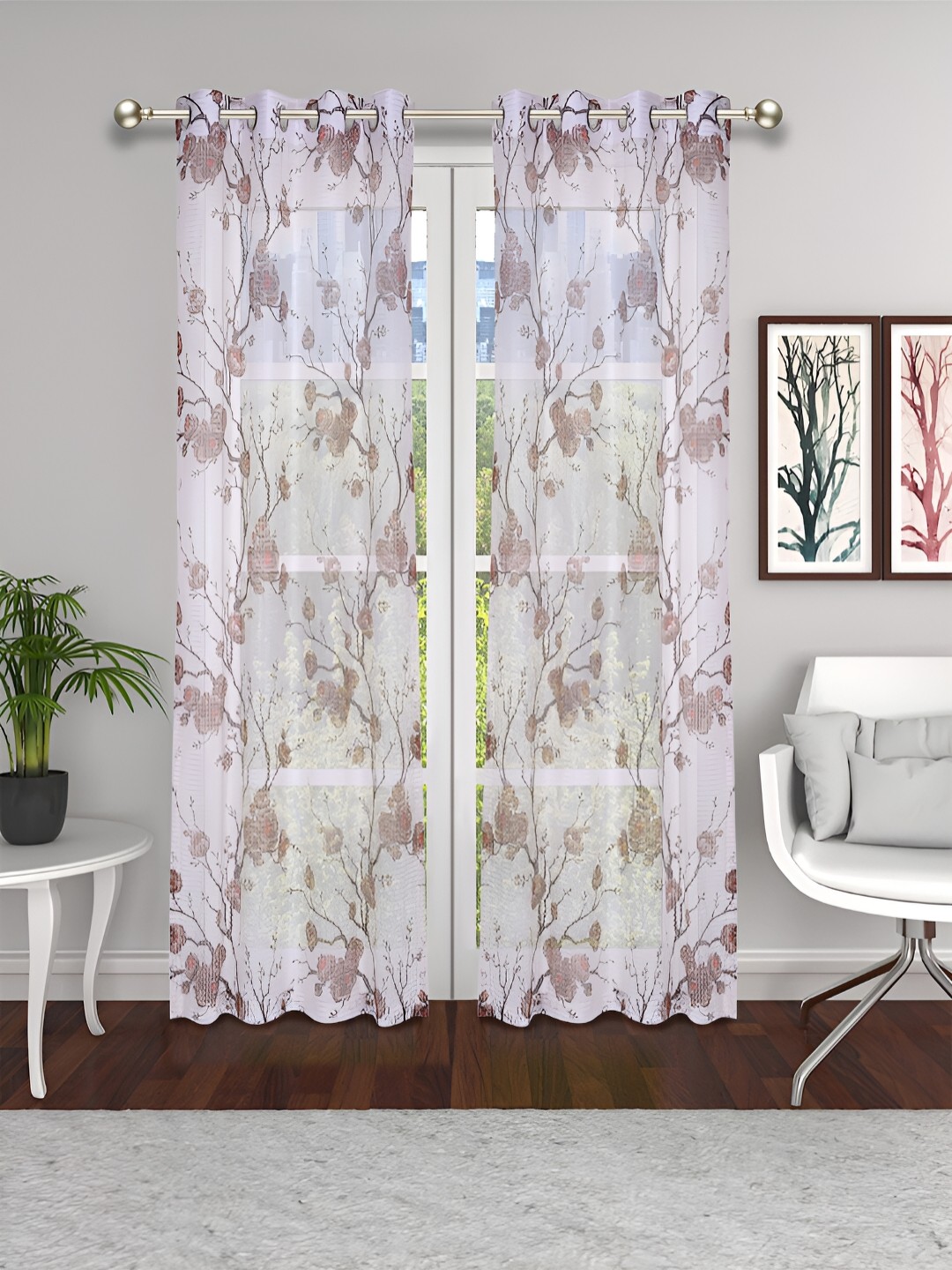 

THE CONVERSION Coffee Brown 2 Pieces Floral Sheer Door Curtains