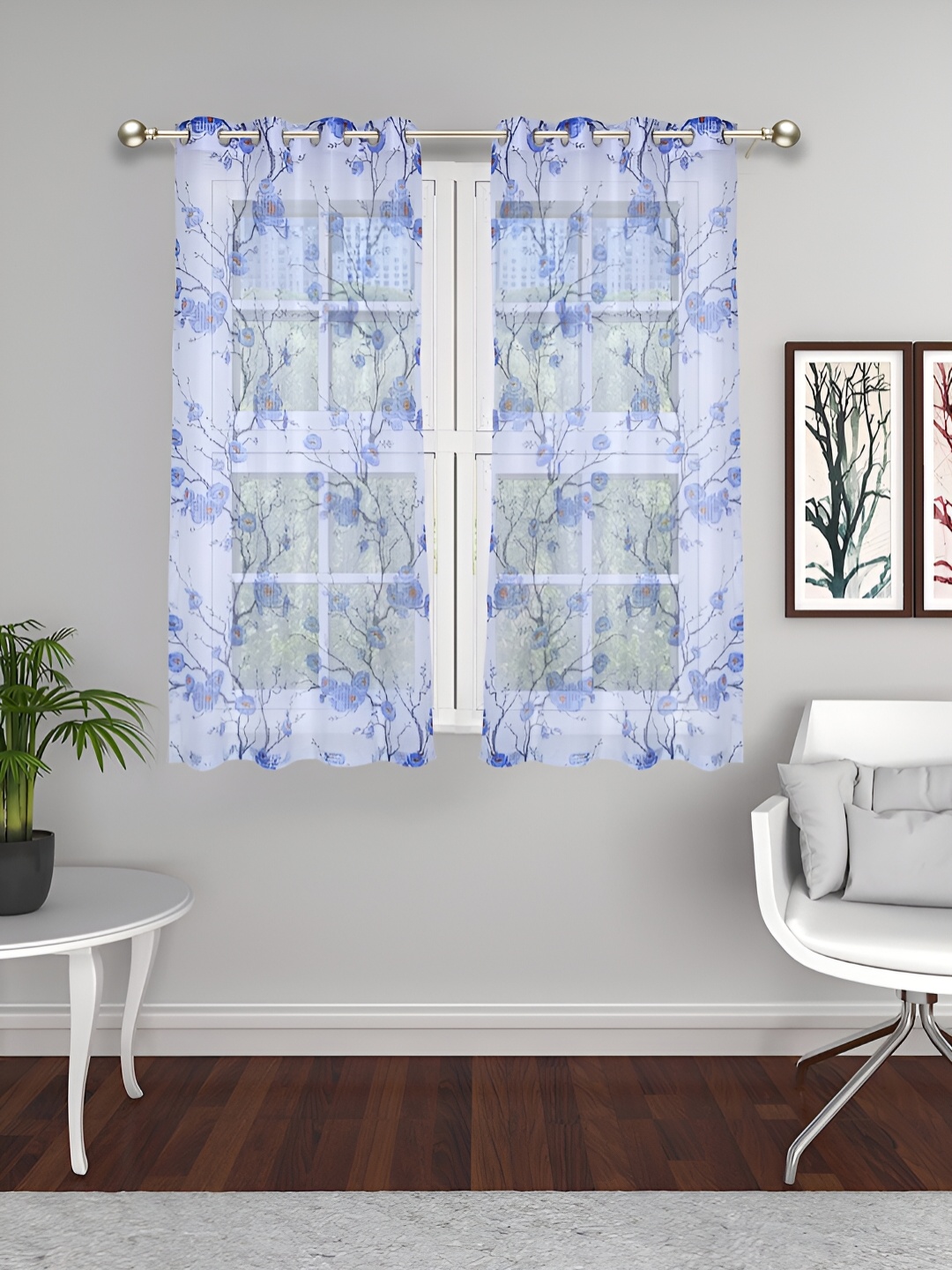 

THE CONVERSION Blue 2 Pieces Floral Sheer Window Curtains