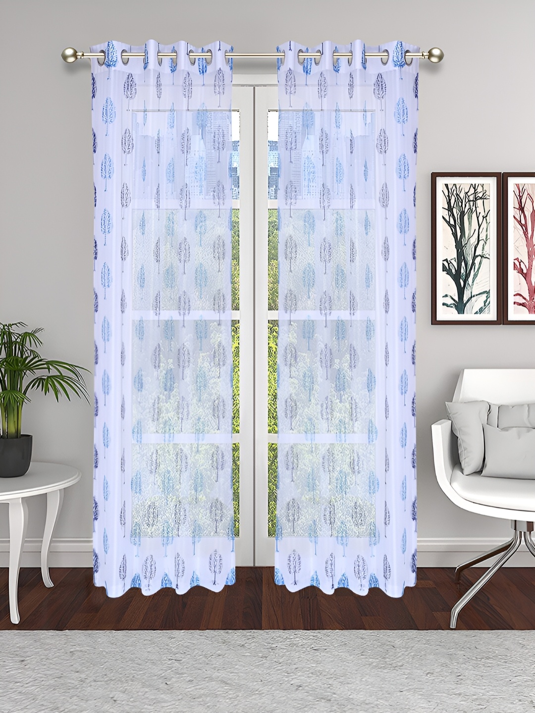 

THE CONVERSION Blue 2 Pieces Printed Sheer Door Curtains