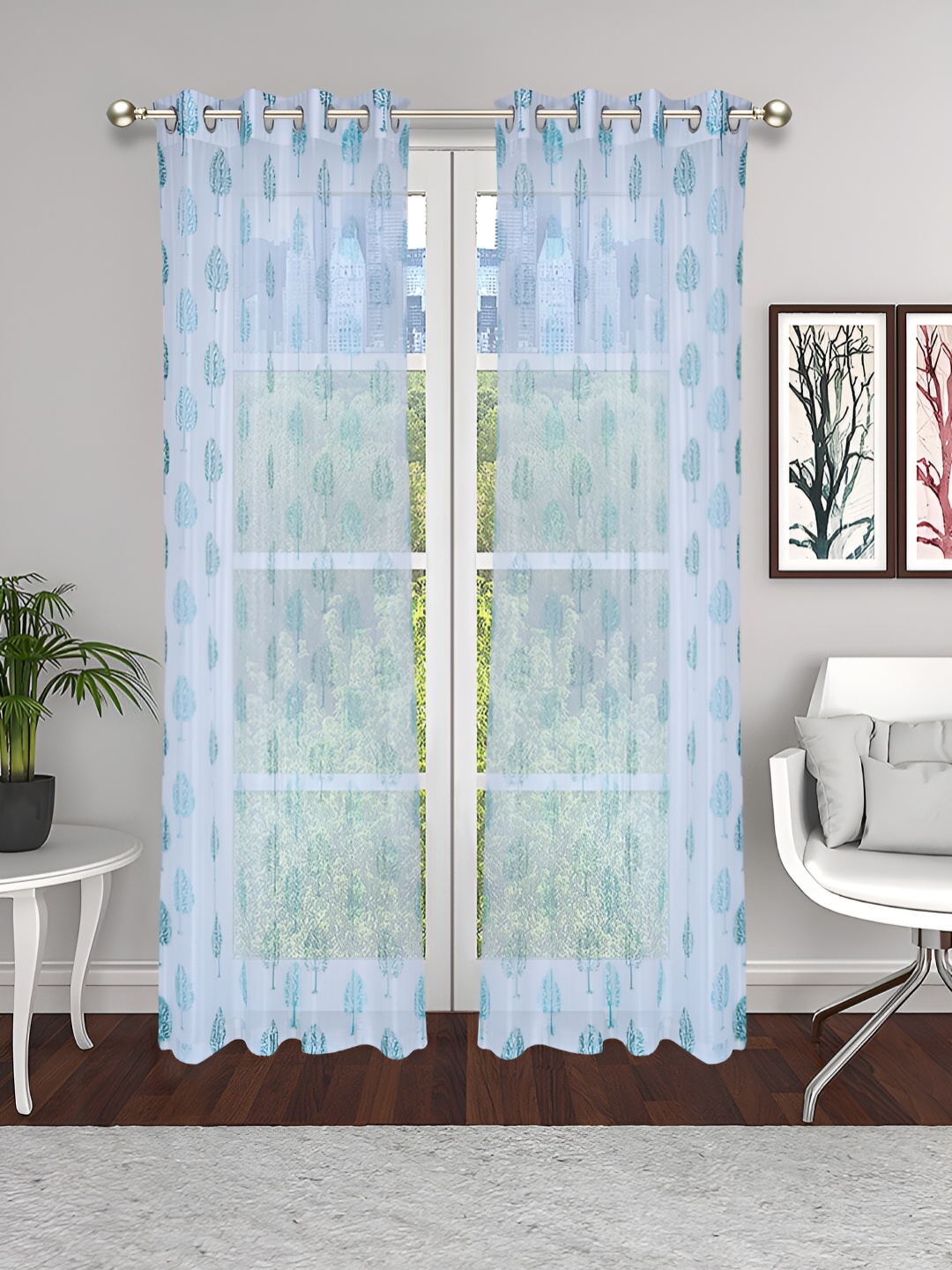 

THE CONVERSION Blue 2 Pieces Floral Lightweight Tissue Sheer Long Door Curtains