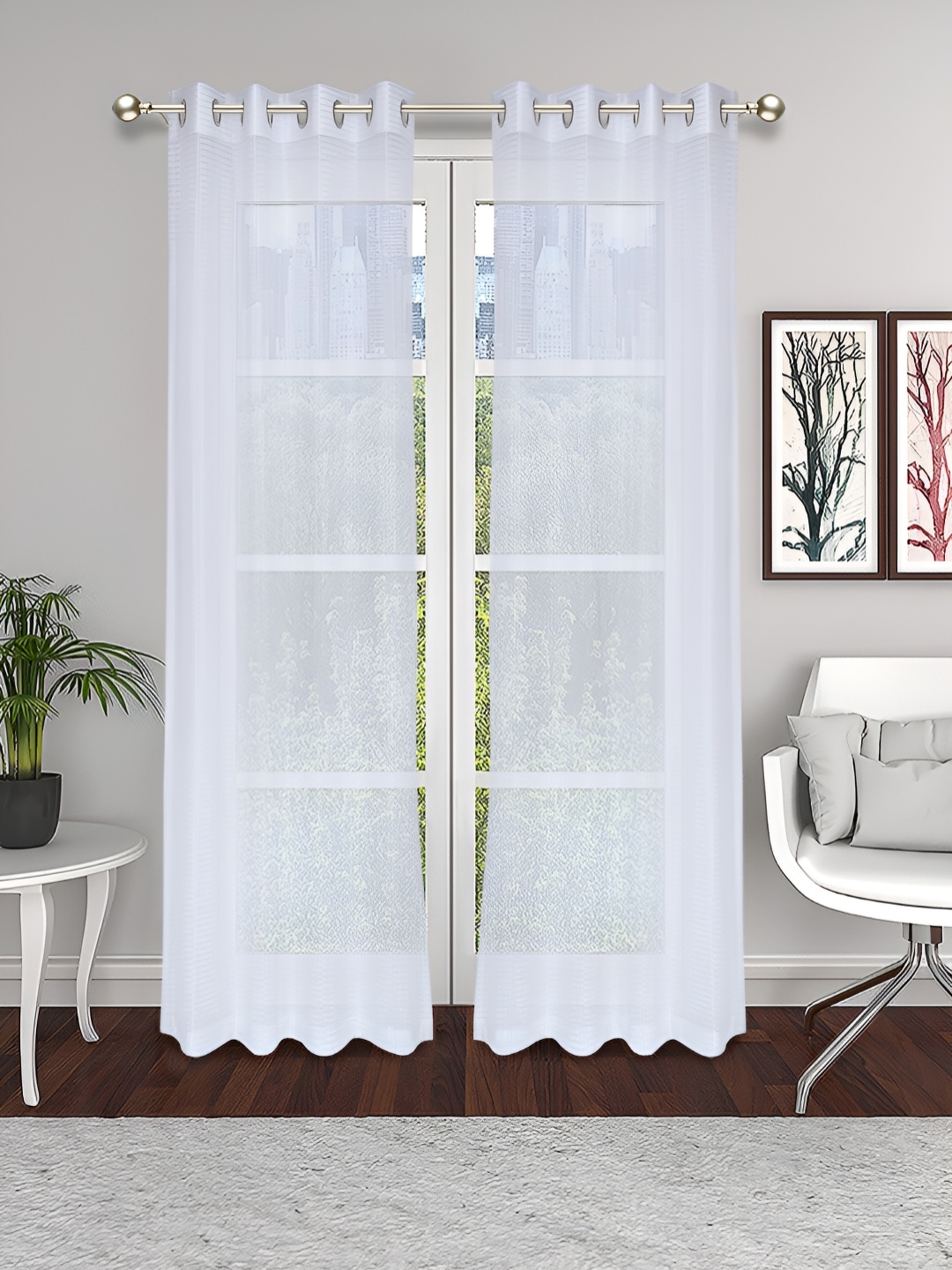 

THE CONVERSION White 2 Pieces Striped Lightweight Tissue Sheer Door Curtains