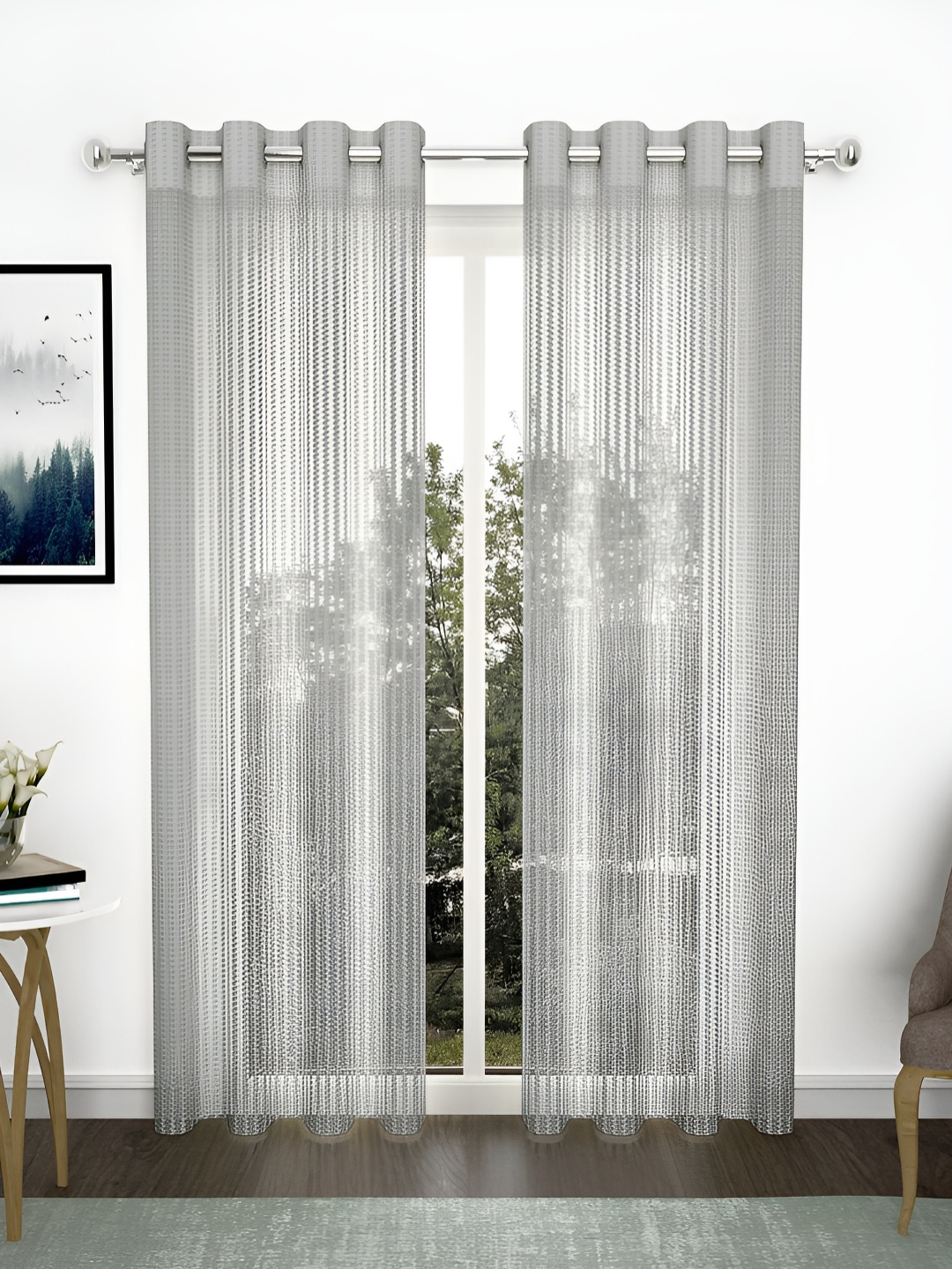 

THE CONVERSION Grey 2 Pieces Printed Tissue Fabric Sheer Long Door Curtains