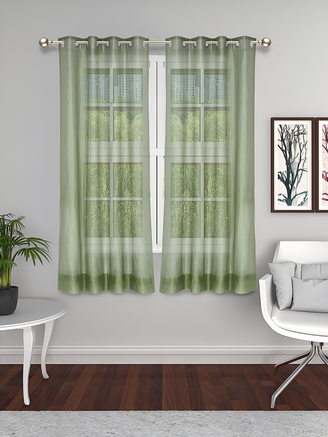 

THE CONVERSION Green 2 Pieces Tissue Fabric Sheer Window Curtain