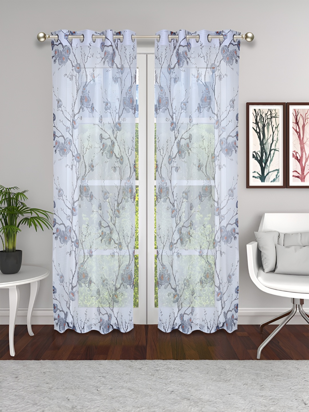 

THE CONVERSION Grey & Black 2 Pieces Floral Printed Sheer Long Door Curtains