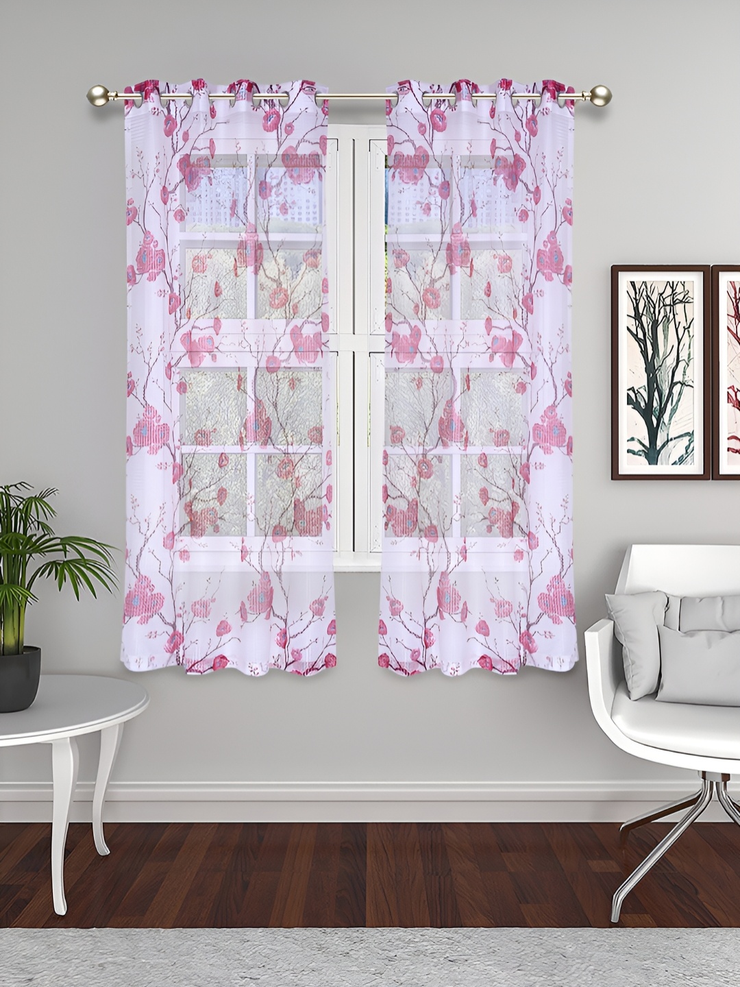 

THE CONVERSION Burgundy 2 Pieces Floral Sheer Window Curtains, White