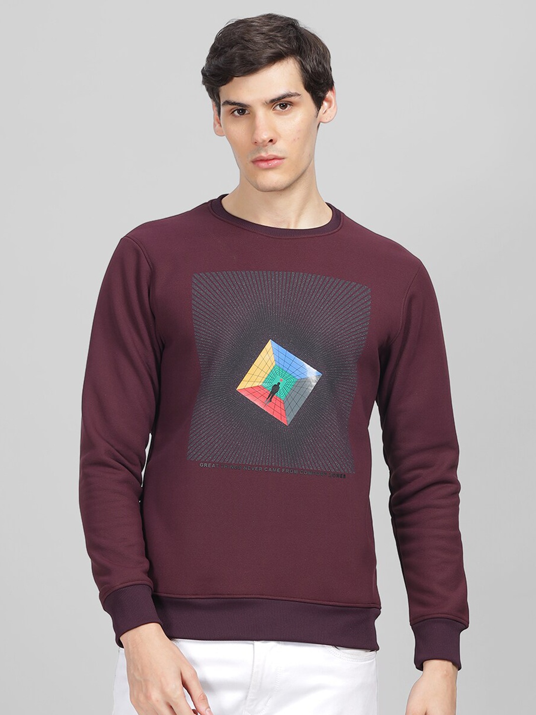 

Parcel Yard Graphic Printed Round Neck Pullover Sweatshirt, Maroon