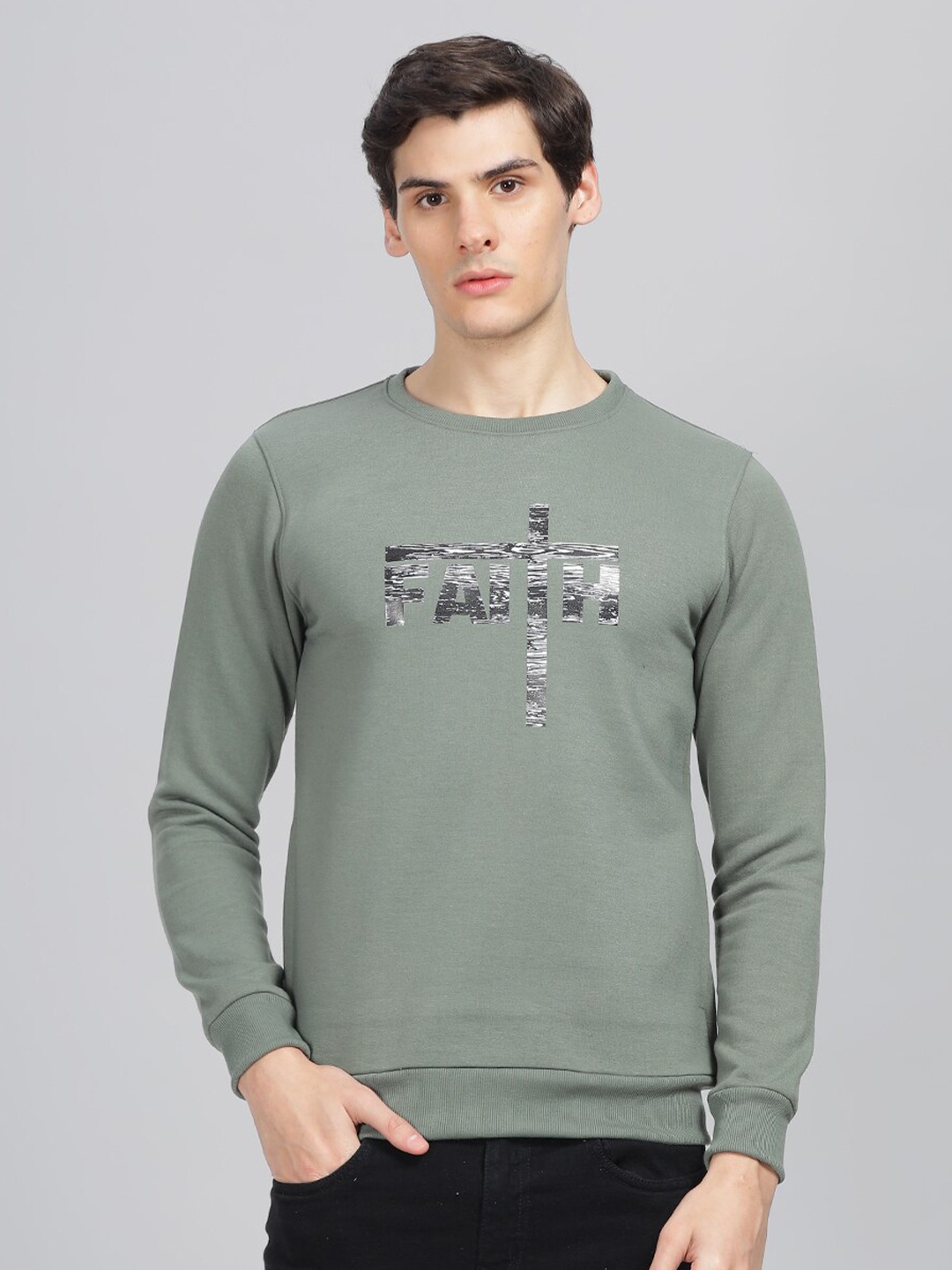 

Parcel Yard Faith Printed Round Neck Pullover Sweatshirt, Olive