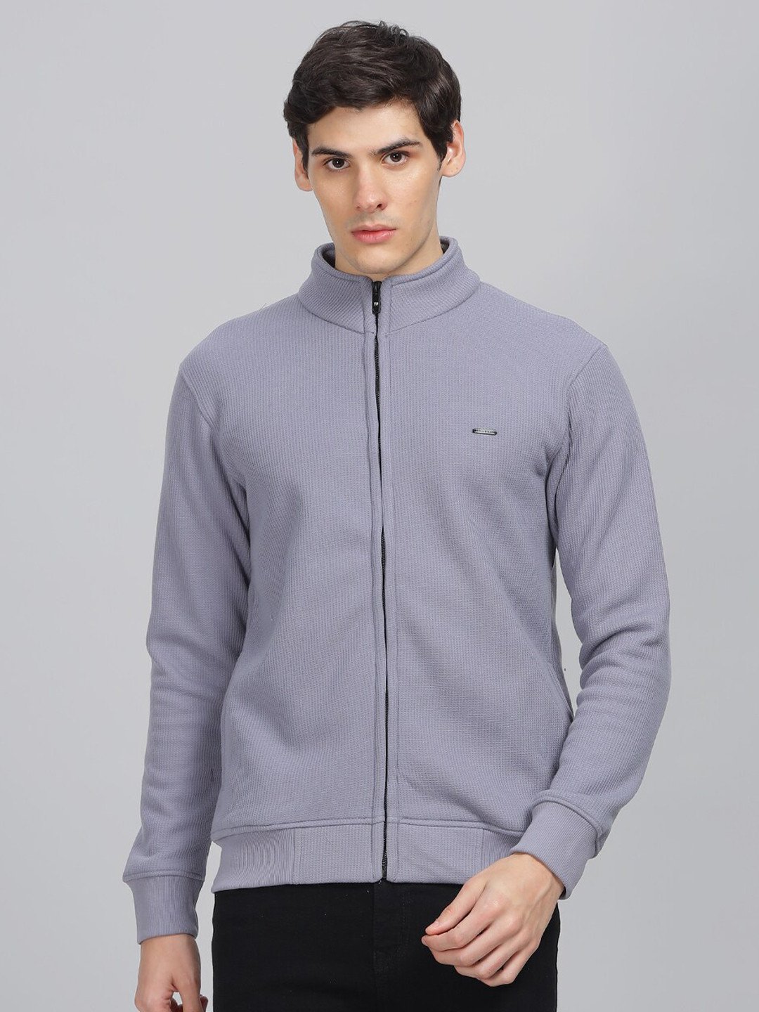 

Parcel Yard Fleece Mock Collar Front-Open Sweatshirt, Grey