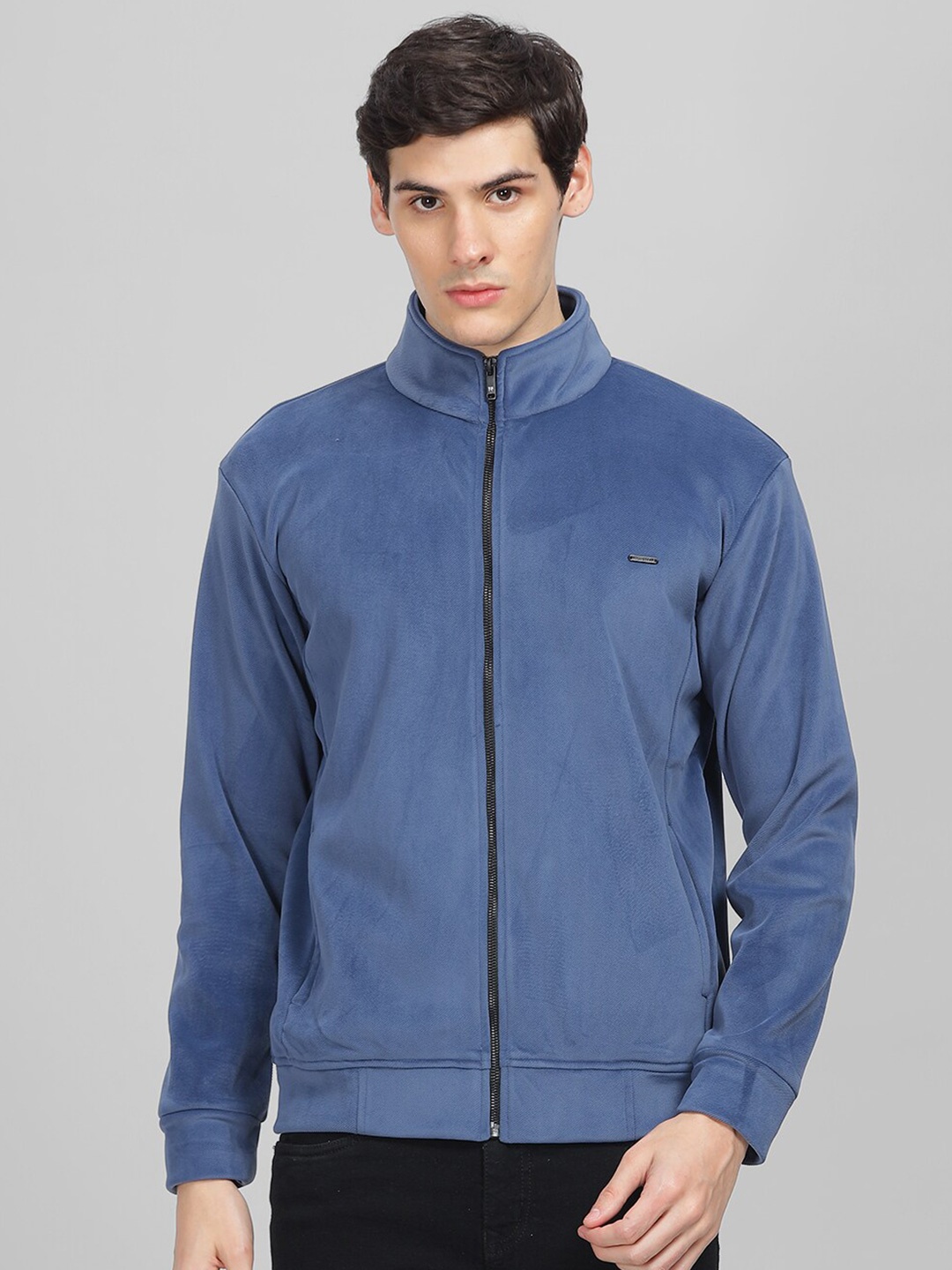 

Parcel Yard Velour Mock Collar Front-Open Sweatshirt, Blue