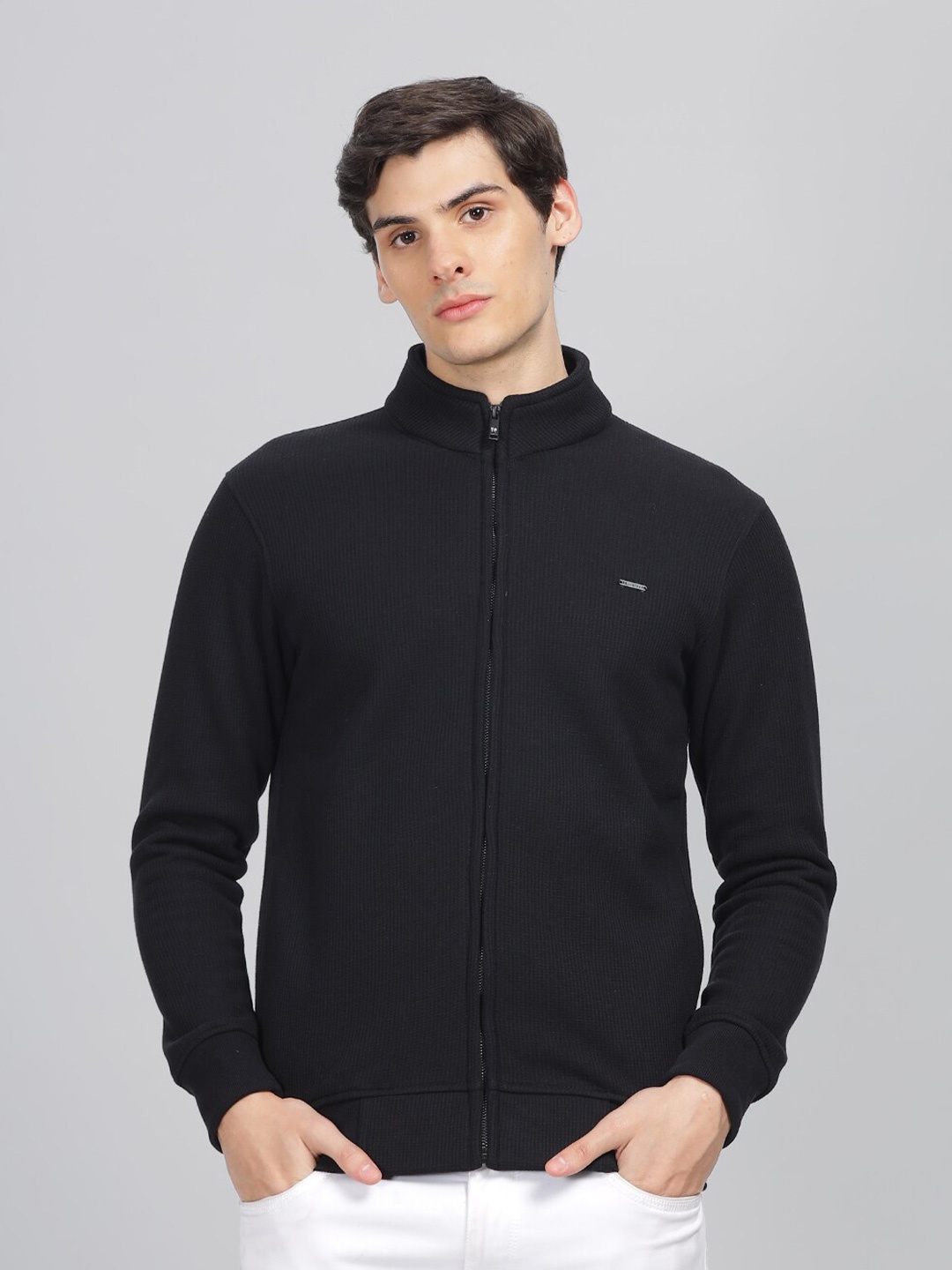 

Parcel Yard Mock Collar Fleece Front-Open Sweatshirt, Black