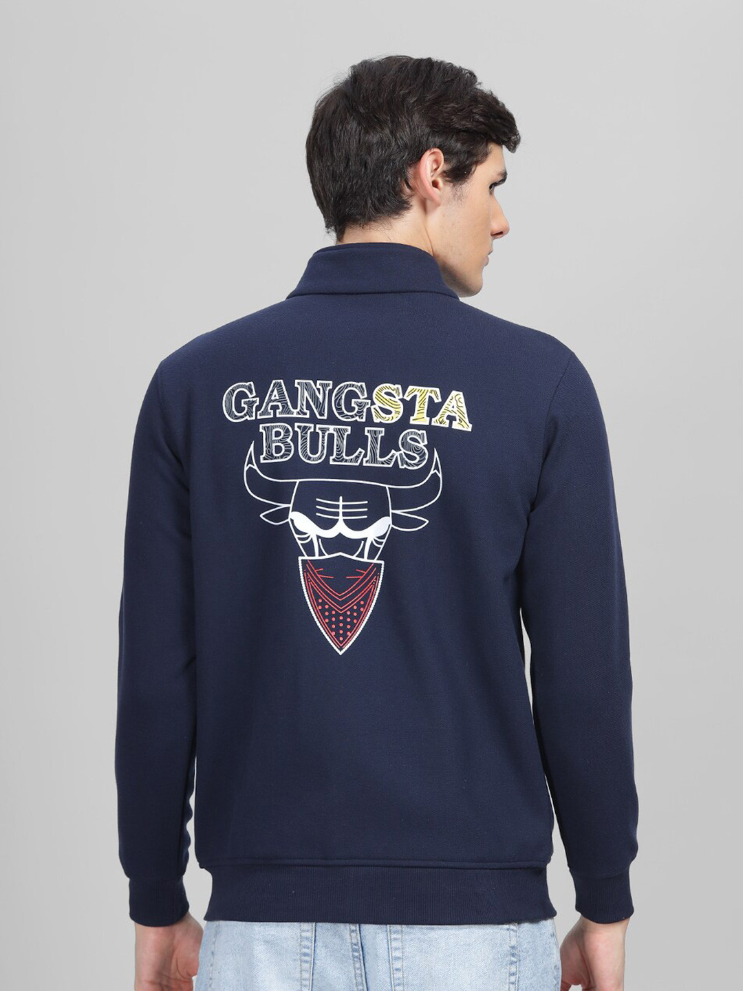 

Parcel Yard Graphic Printed Fleece Cotton Mock Collar Front-Open Sweatshirt, Navy blue