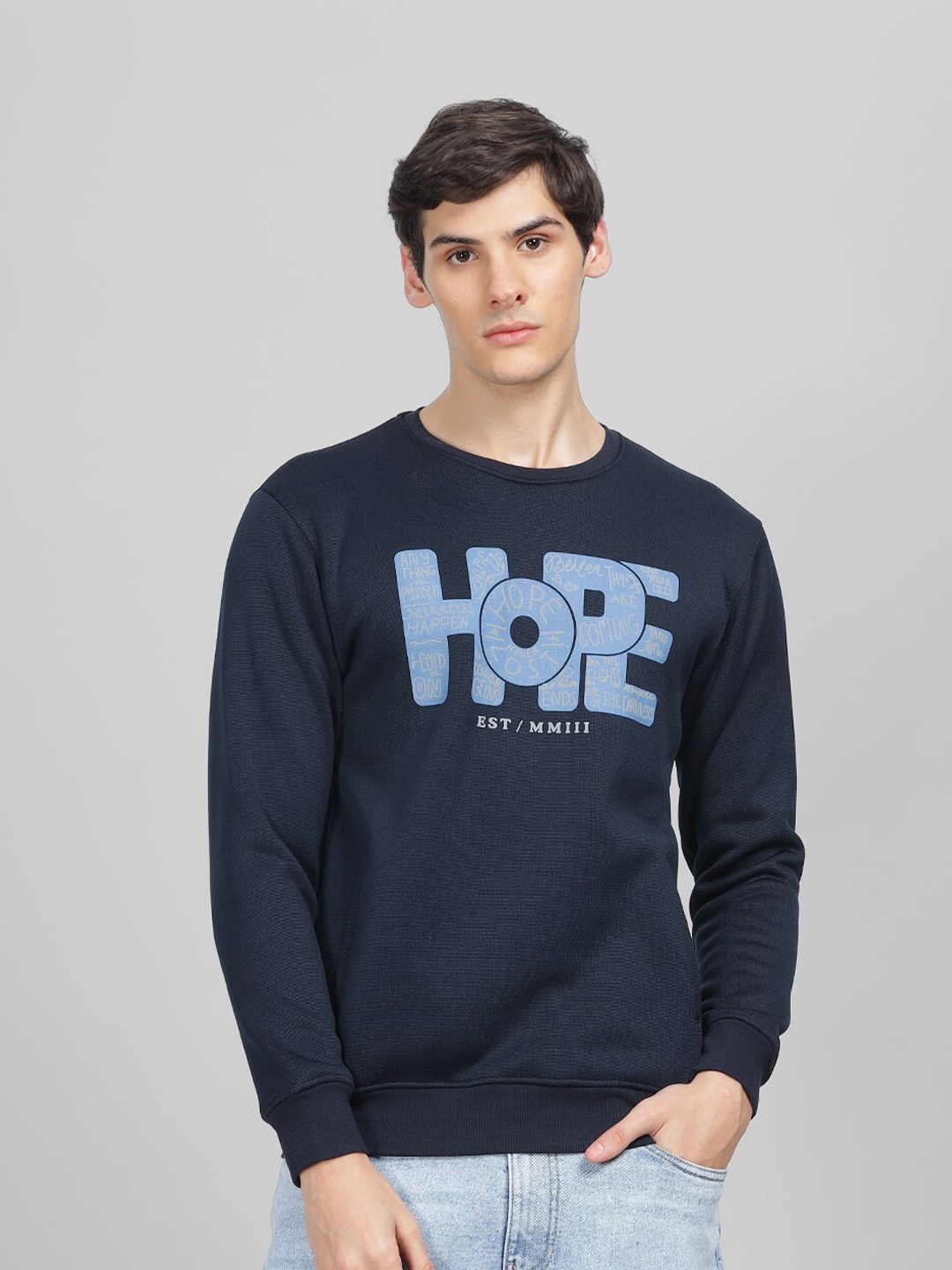 

Parcel Yard Typography Printed Round Neck Fleece Pullover Sweatshirt, Navy blue