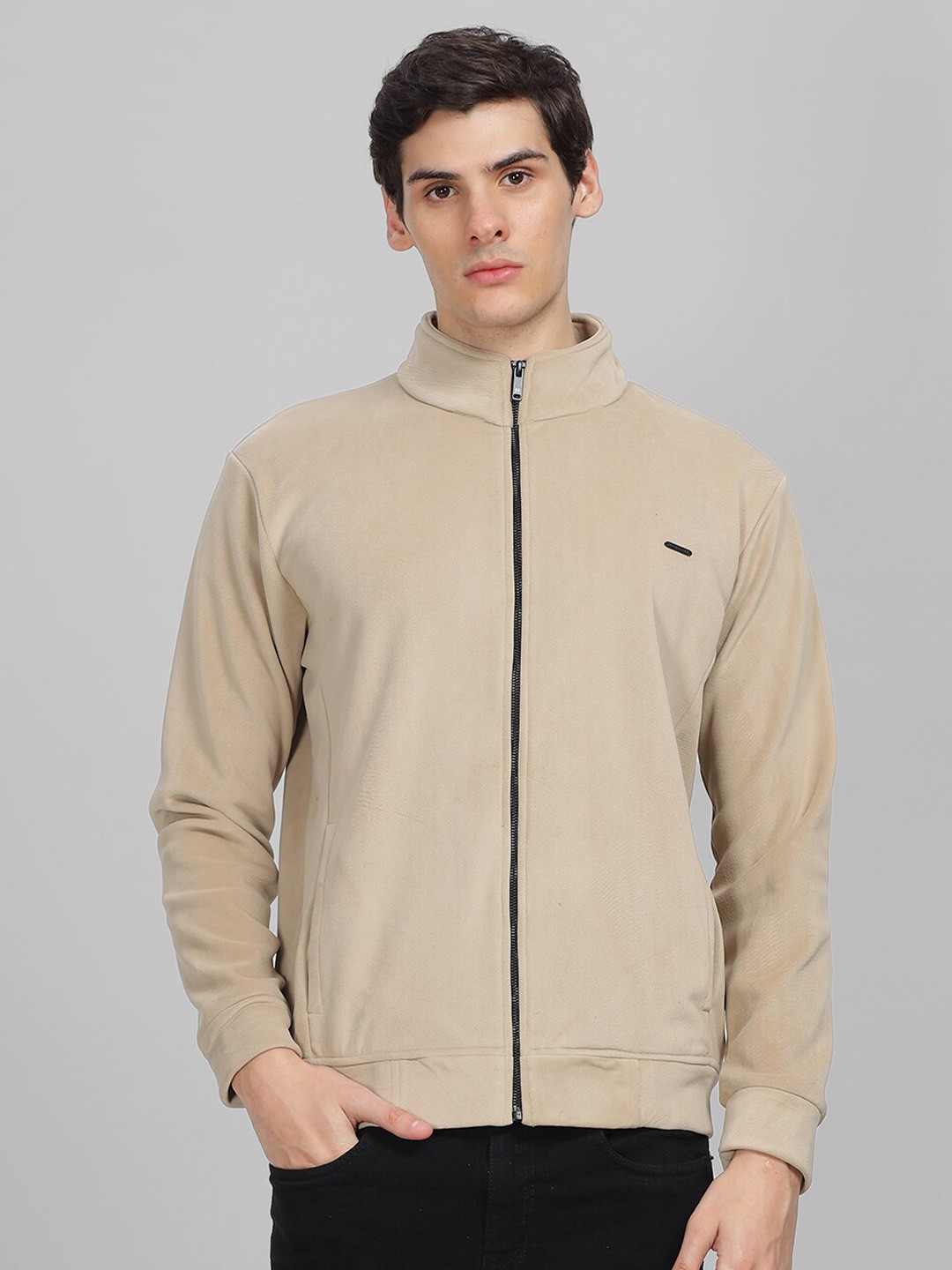 

Parcel Yard Velour Mock Collar Front-Open Sweatshirt, Beige