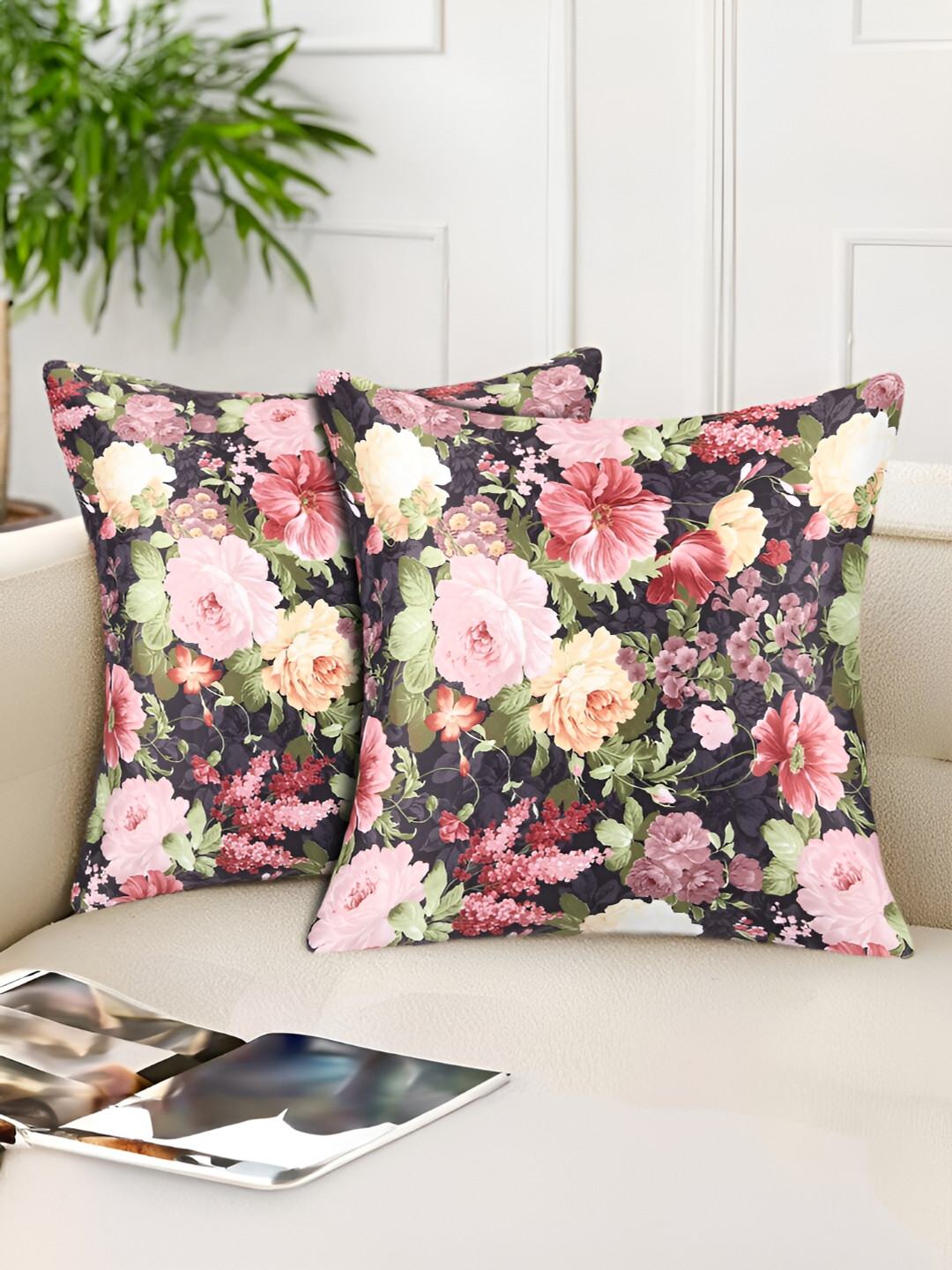 

Tesmare Pink & Green 2 Pieces Floral Satin Square Cushion Covers