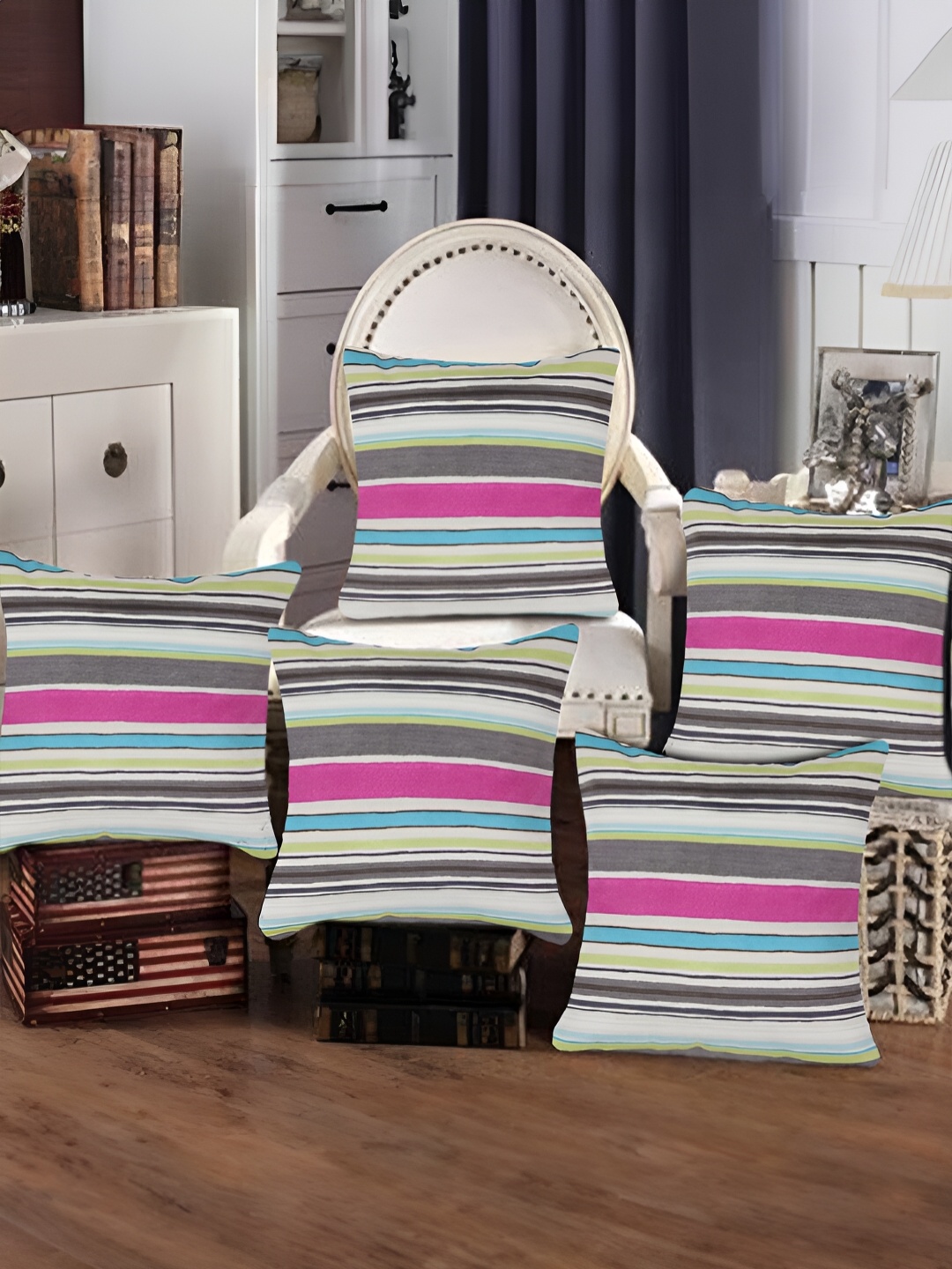 

Tesmare Pink & Green 5 Pieces Striped Velvet Square Cushion Covers