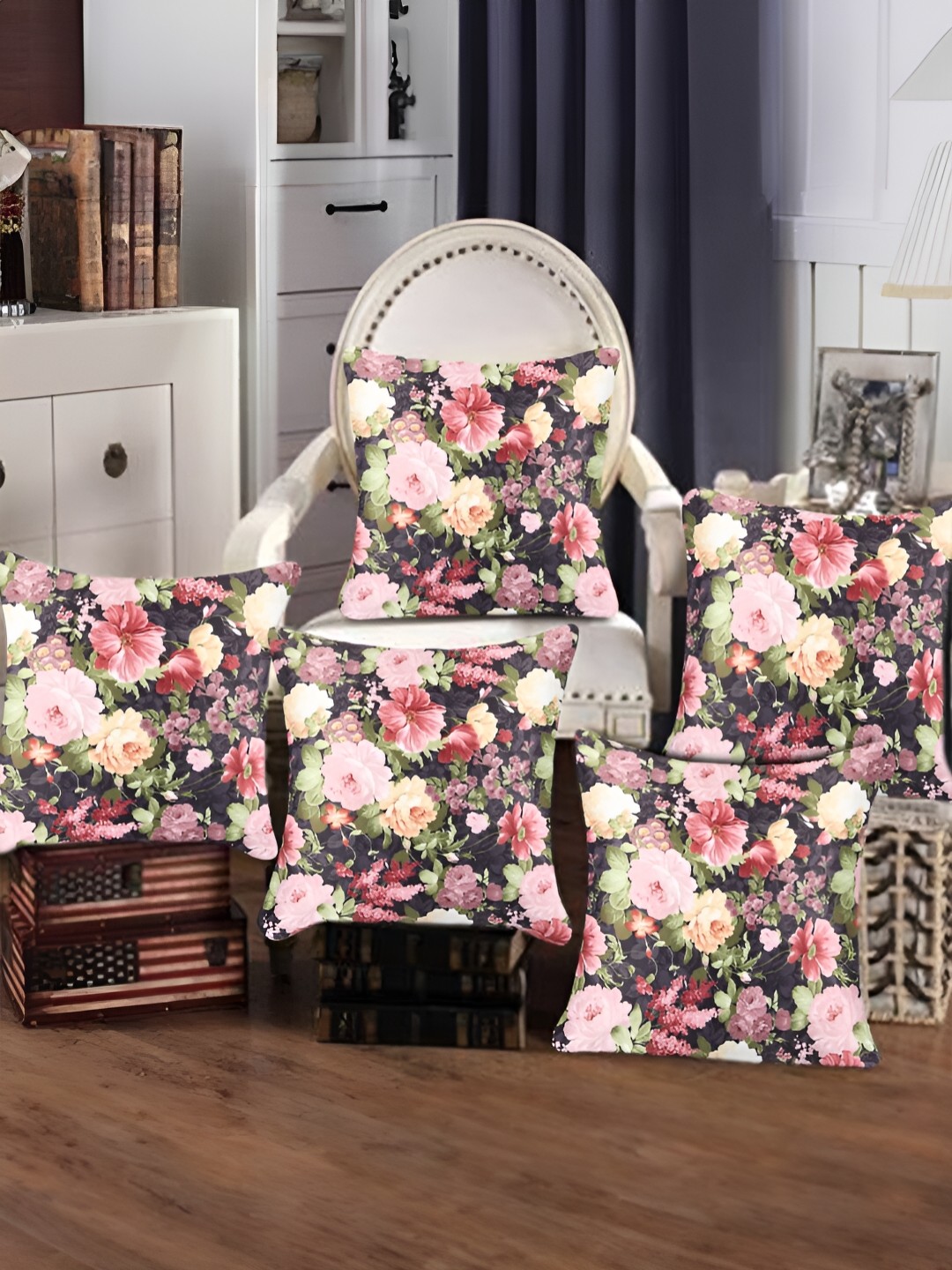 

Tesmare Grey & Pink 5 Pieces Floral Satin Square Cushion Covers