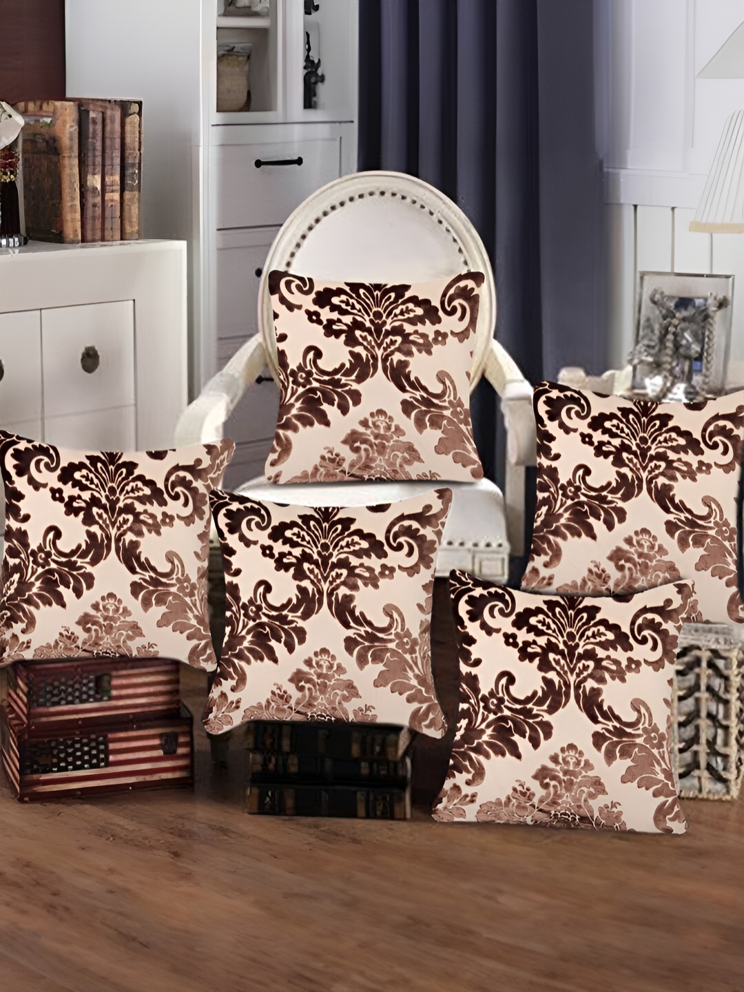 

Tesmare Beige & Brown 5 Pieces Ethnic Motifs Textured Velvet Square Cushion Covers