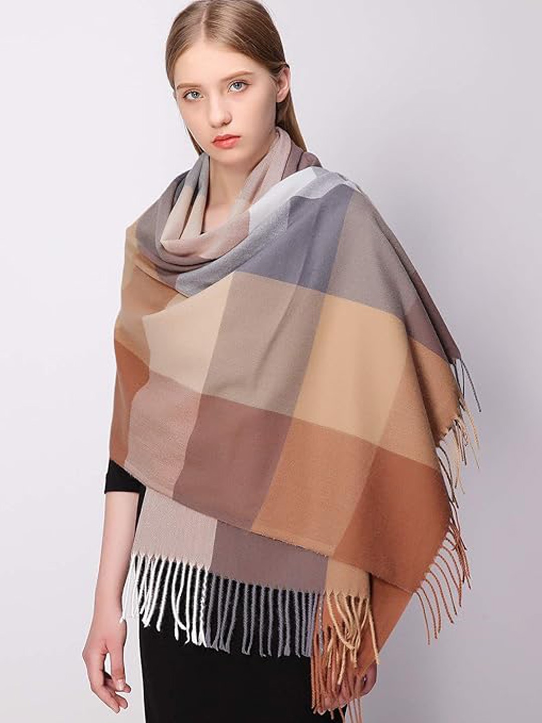 

Alexvyan Checked Lightweight Fringed Wool Stole, Brown