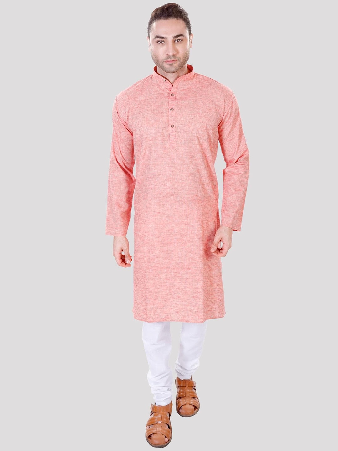 

Maharaja Mandarin Collar Regular Linen Kurta With Pyjamas, Red