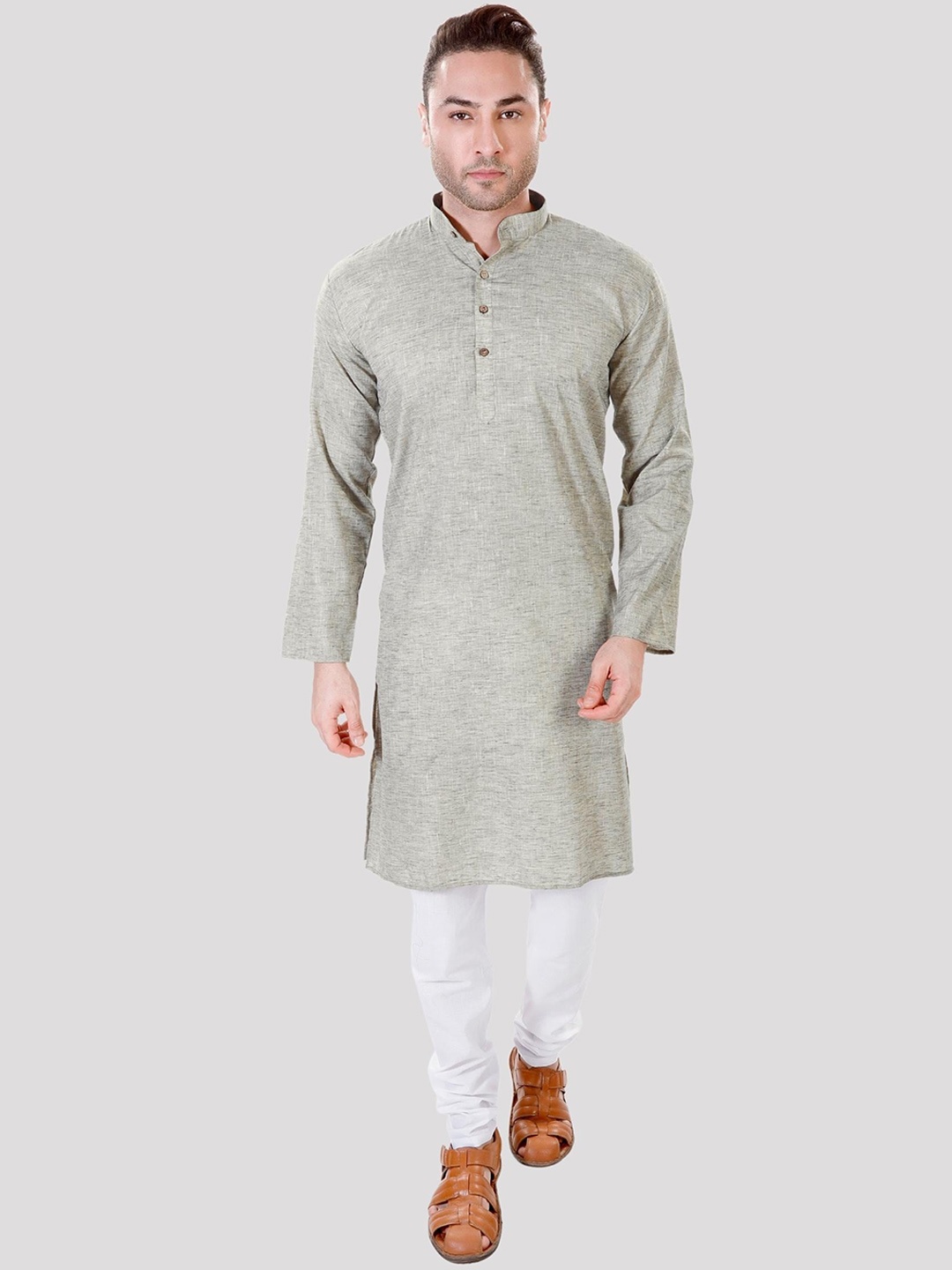 

Maharaja Mandarin Collar Regular Linen Cotton Kurta With Pyjamas, Grey